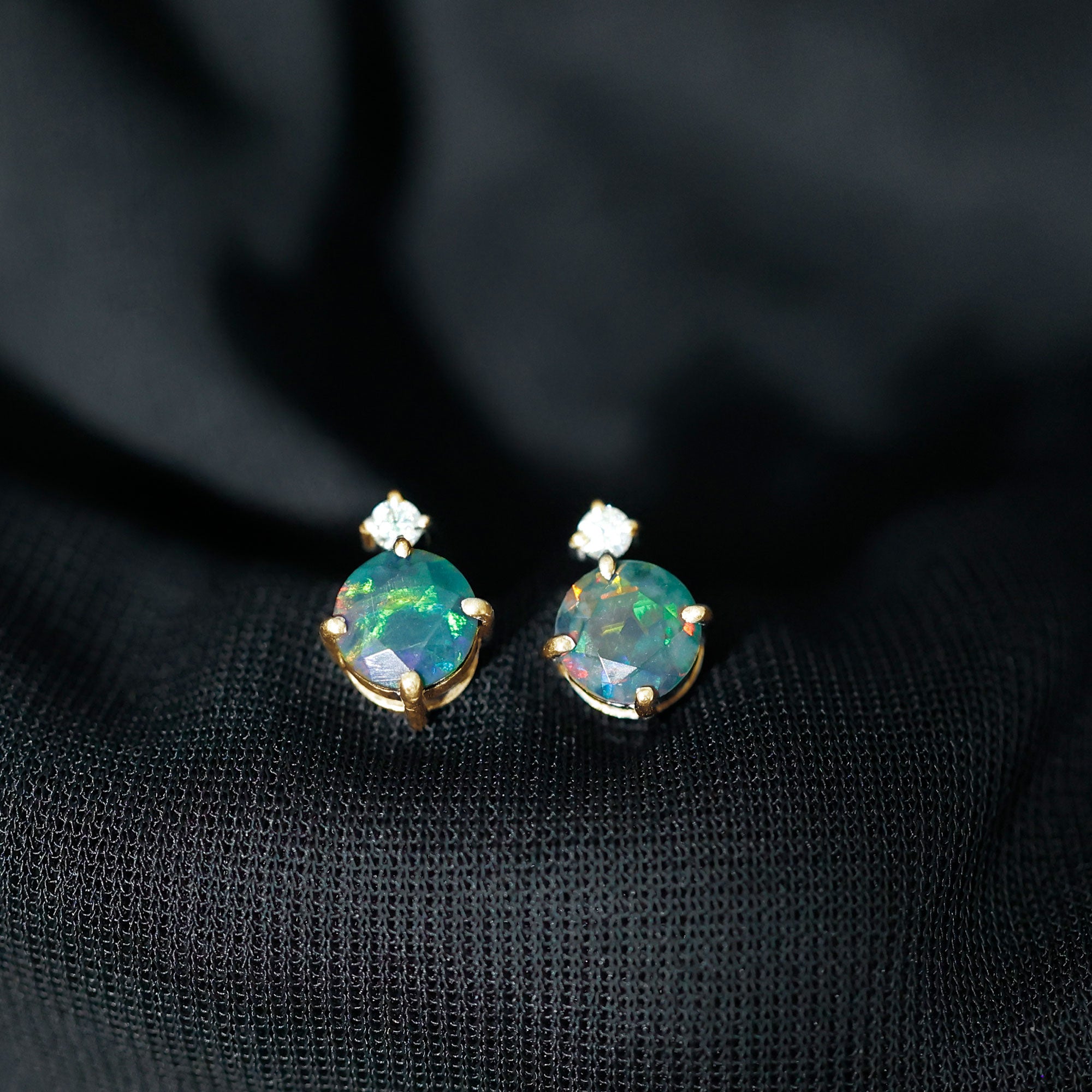 Round Black Opal Solitaire Stud Earrings with Dainty Moissanite AAA - Rosec Jewels