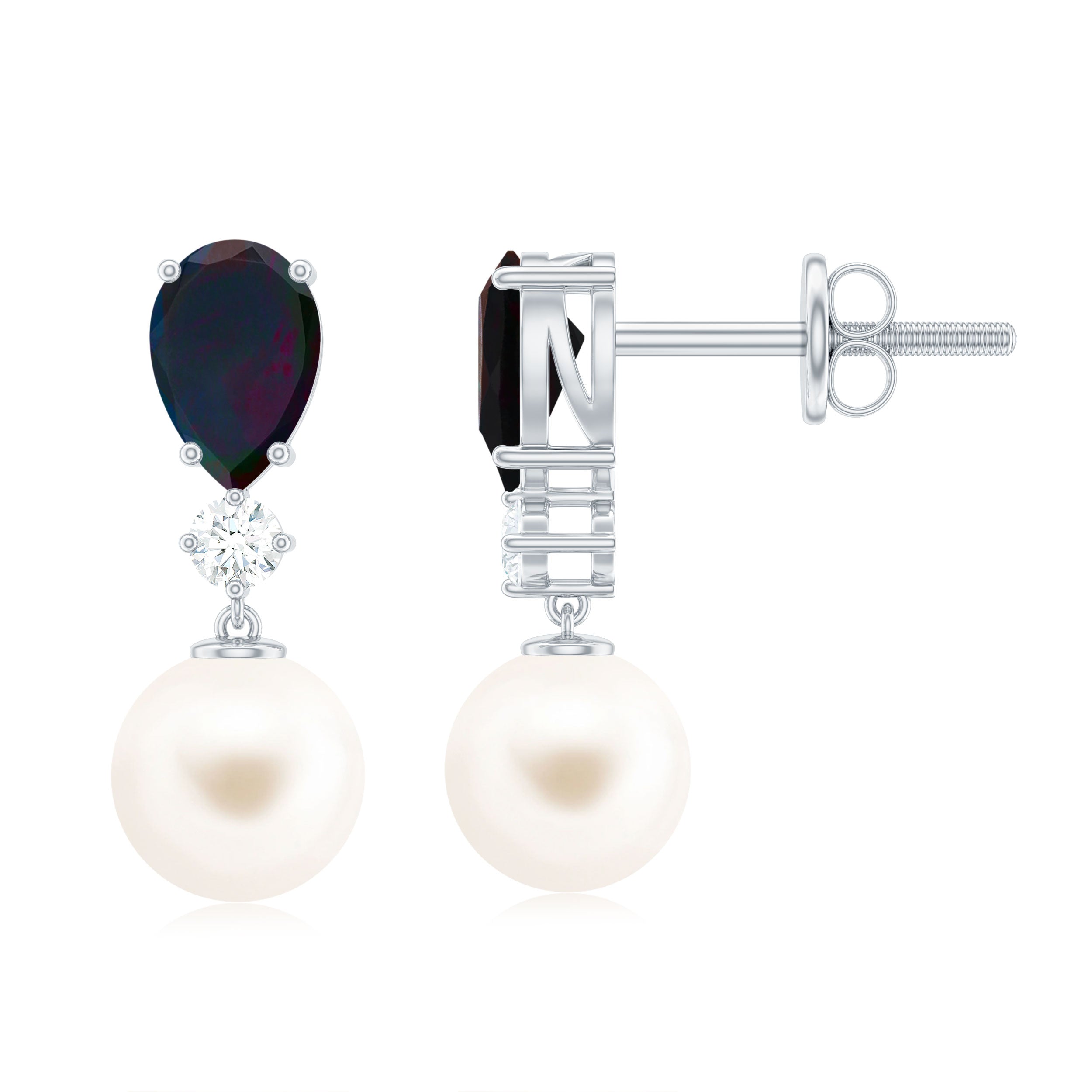 Pear Cut Black Opal and Freshwater Pearl Drop Earrings with Moissanite