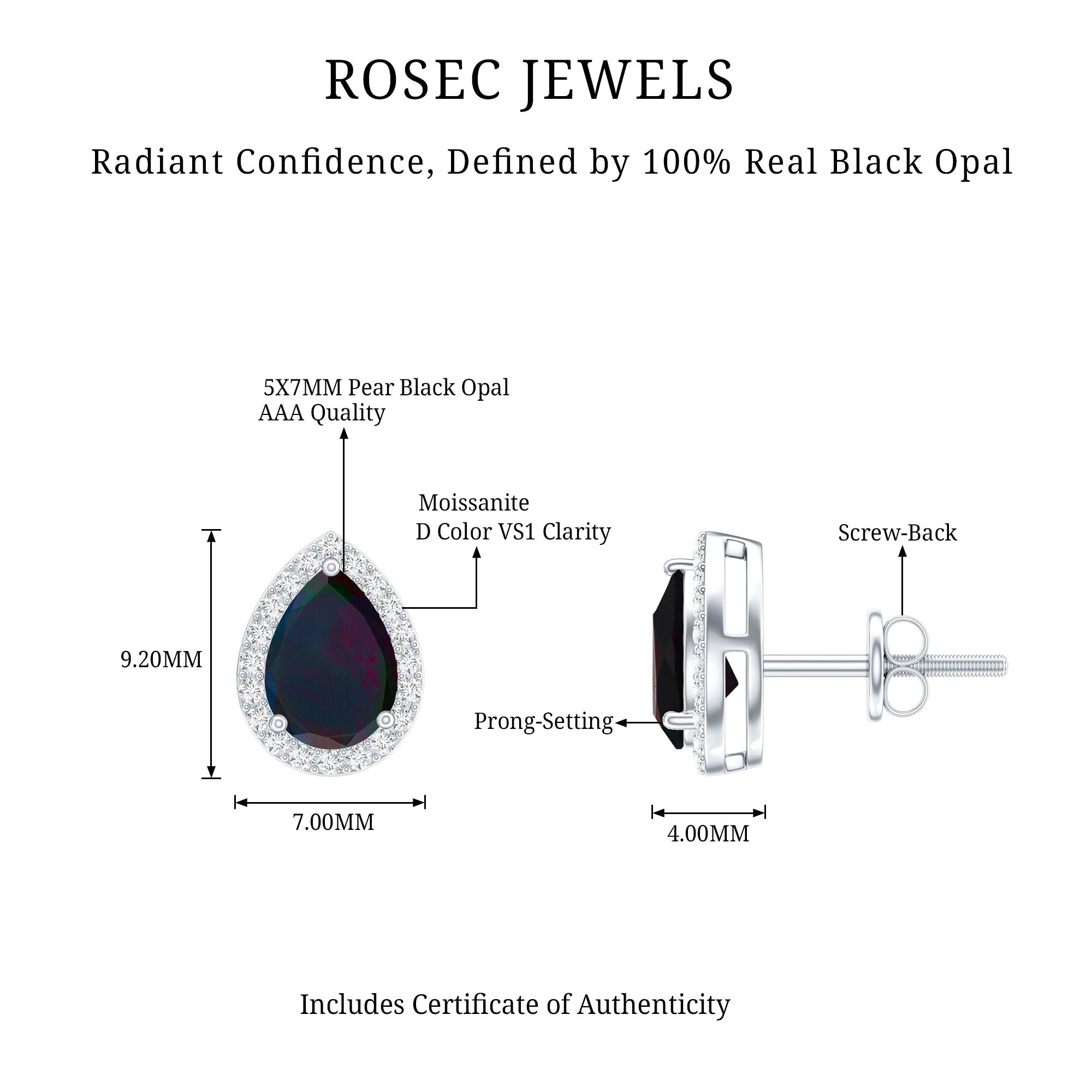 Classic Pear Cut Black Opal and Moissanite Halo Stud Earrings AAA - Rosec Jewels