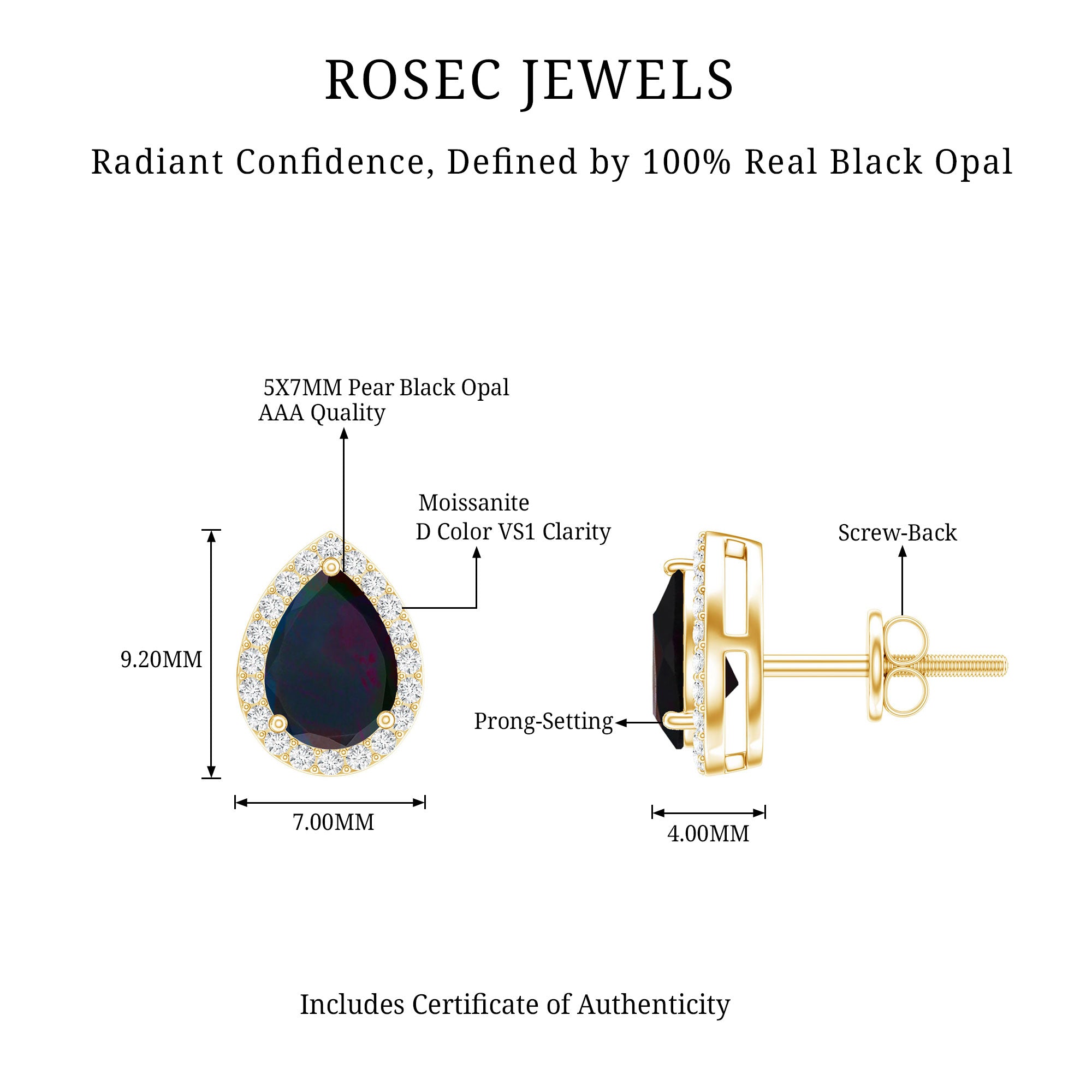 Classic Pear Cut Black Opal and Moissanite Halo Stud Earrings AAA - Rosec Jewels
