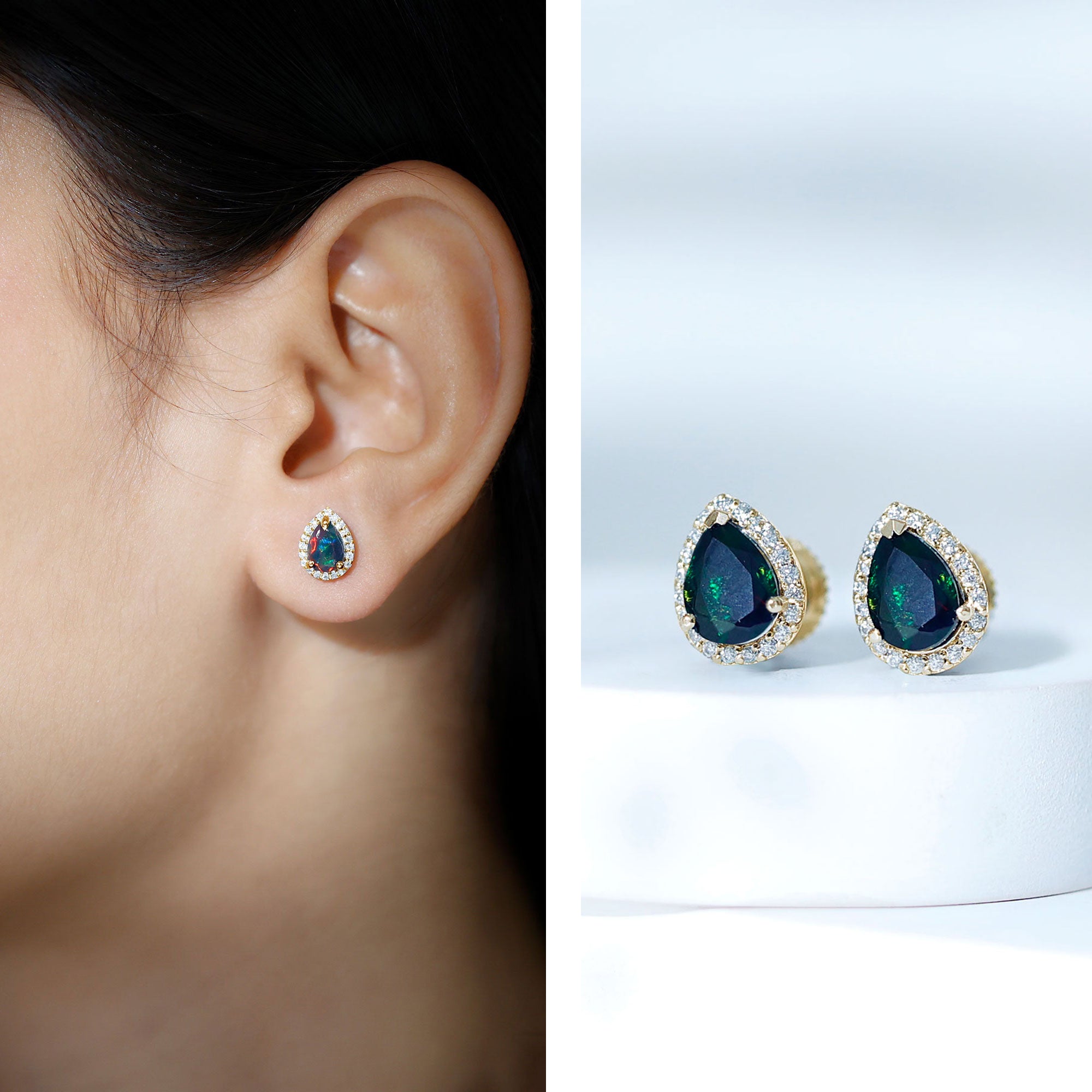 Classic Pear Cut Black Opal and Moissanite Halo Stud Earrings AAA - Rosec Jewels