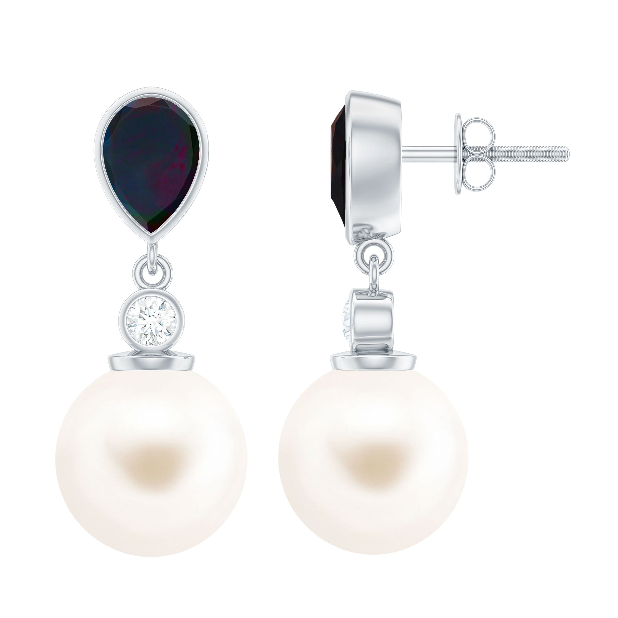 Freshwater Pearl Drop Earrings with Black Opal and Diamond AAA - Rosec Jewels