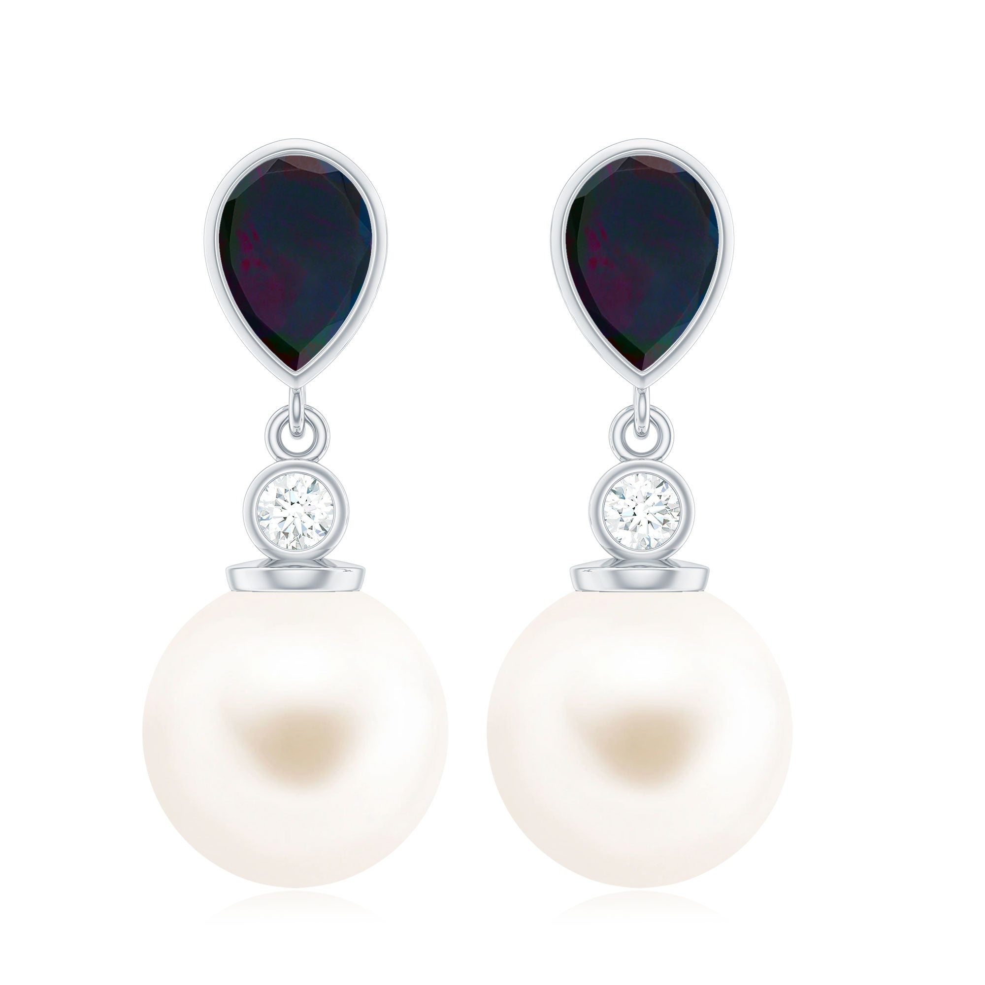 Freshwater Pearl Drop Earrings with Black Opal and Diamond AAA - Rosec Jewels