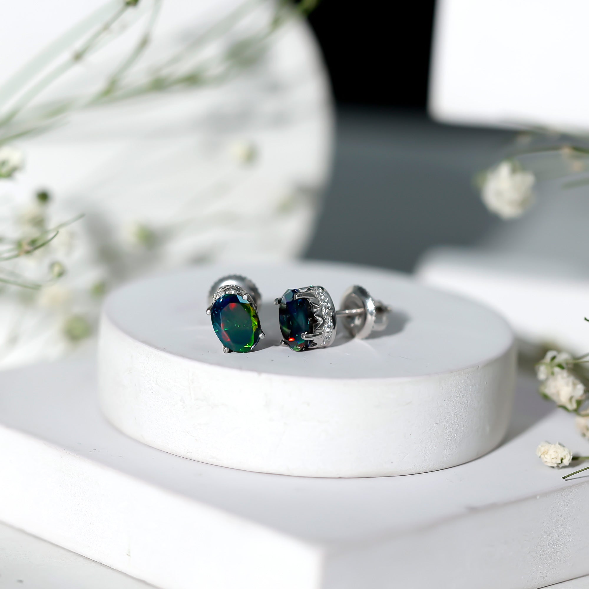 1.8 Carat Oval Black Opal Solitaire Stud Earrings with Diamond AAA - Rosec Jewels
