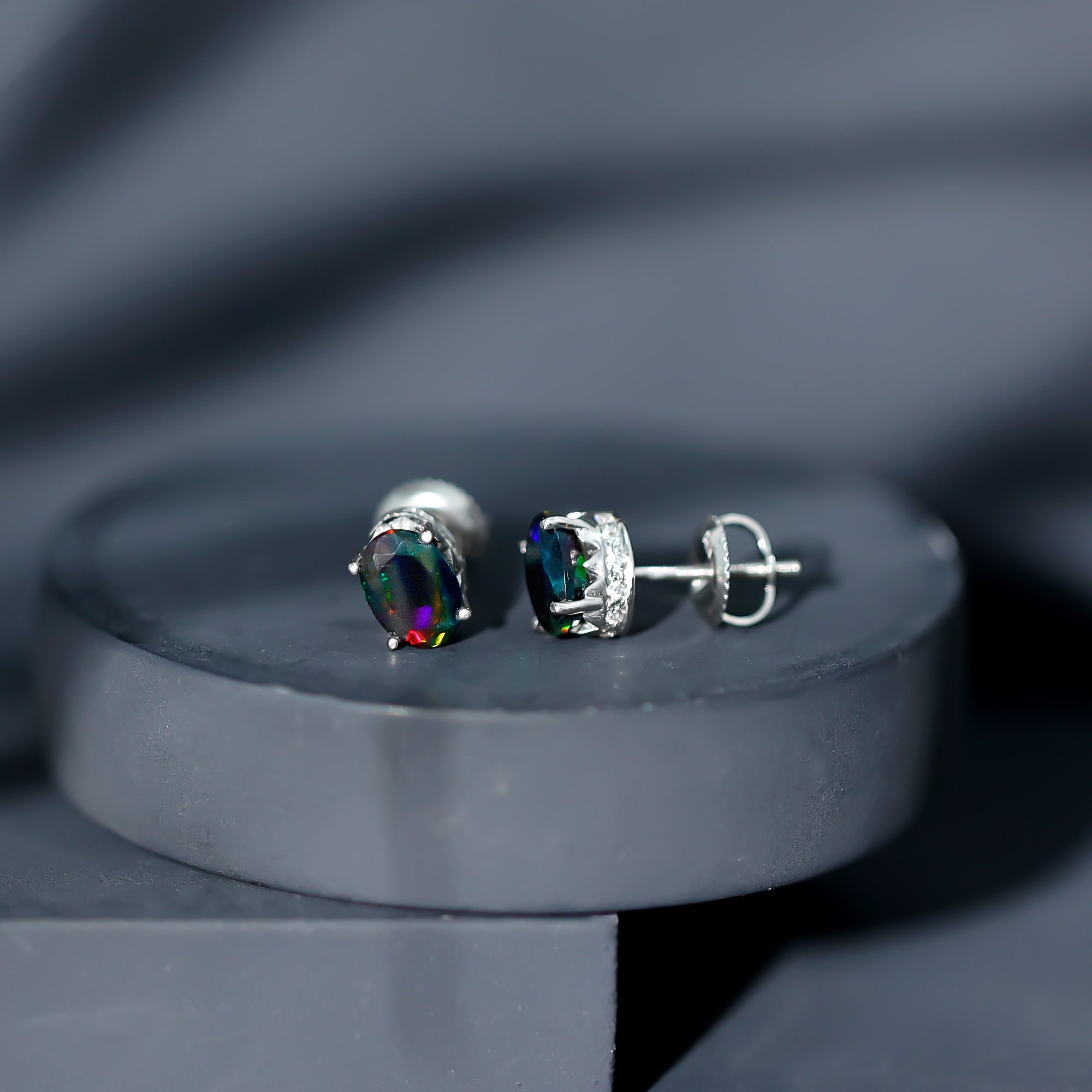 1.8 Carat Oval Black Opal Solitaire Stud Earrings with Diamond AAA - Rosec Jewels