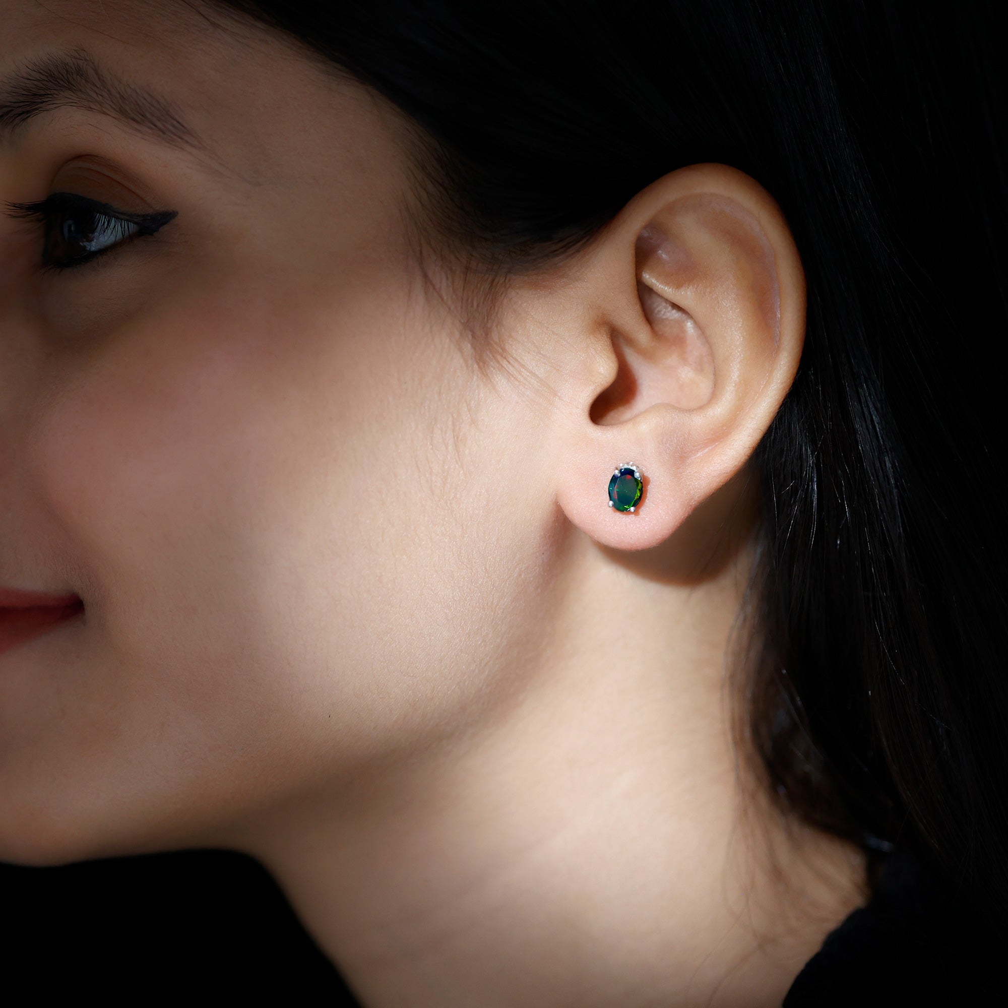 1.8 Carat Oval Black Opal Solitaire Stud Earrings with Diamond AAA - Rosec Jewels