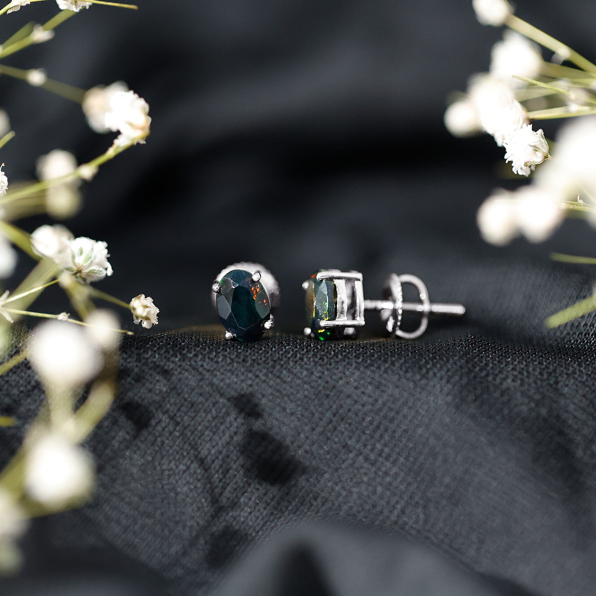 Real Black Opal Solitaire Stud Earrings in 4 Prong Setting AAA - Rosec Jewels