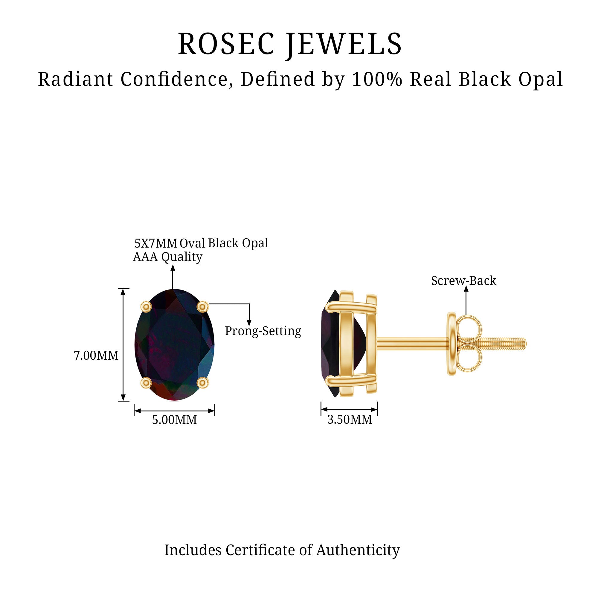 Real Black Opal Solitaire Stud Earrings in 4 Prong Setting AAA - Rosec Jewels