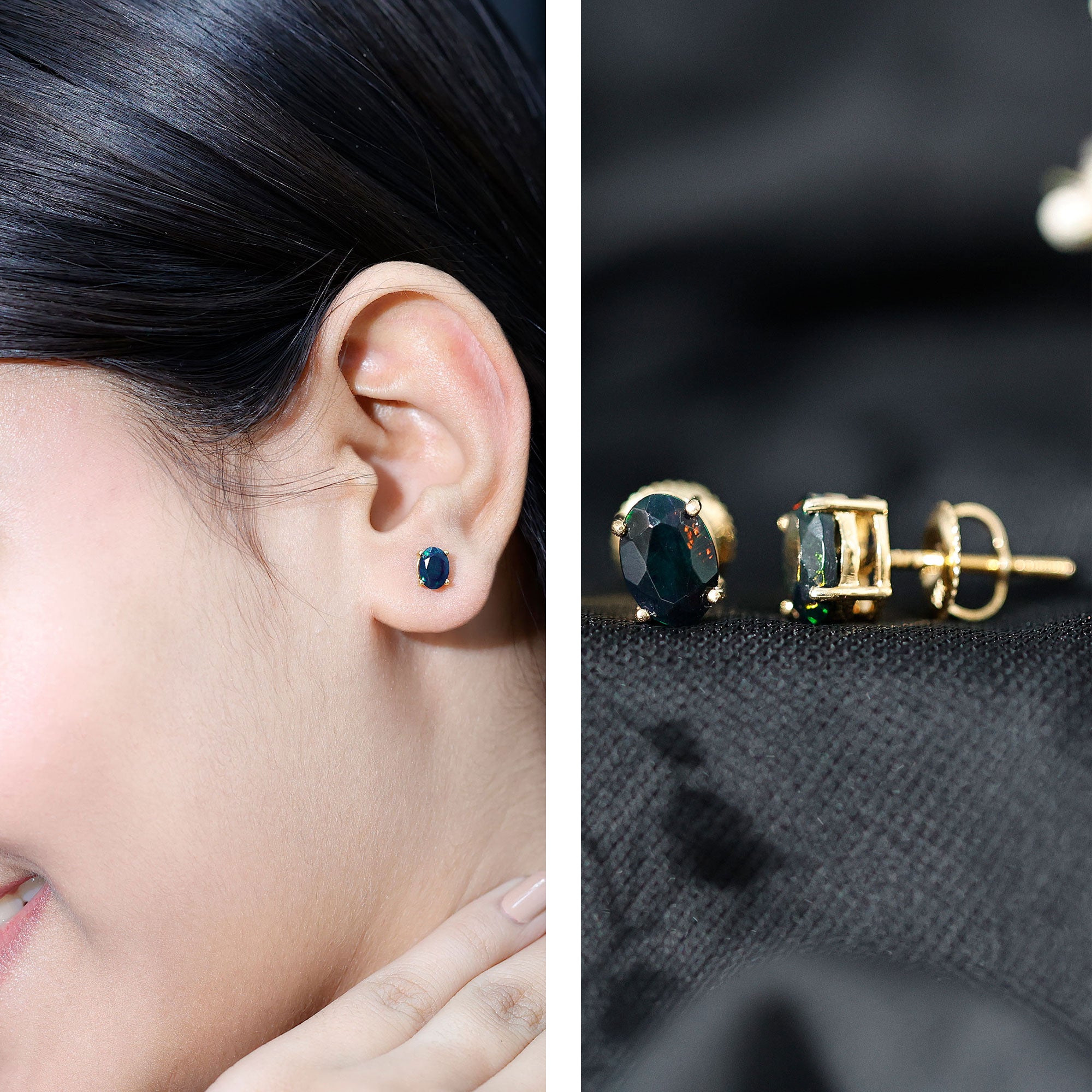 Real Black Opal Solitaire Stud Earrings in 4 Prong Setting AAA - Rosec Jewels