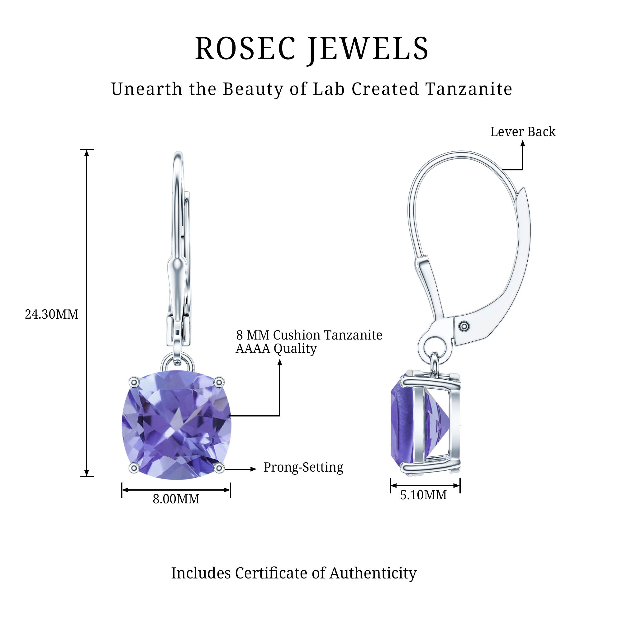 8MM Cushion Cut Lab Created Tanzanite Solitaire Drop Earrings AAAA - Rosec Jewels