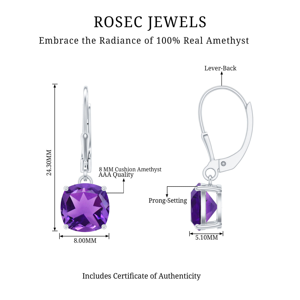 Natural 4.2 Carat Cushion Cut Amethyst Drop Earrings with Lever Back AAA - Rosec Jewels