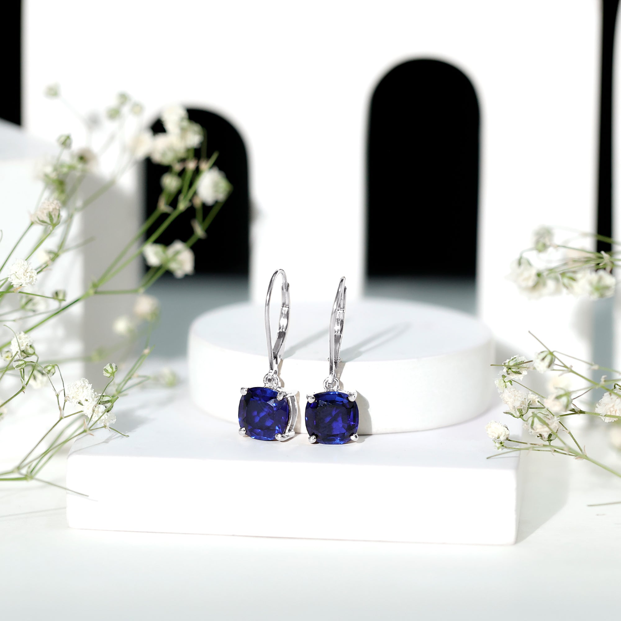 Cushion Cut Lab Grown Blue Sapphire Drop Hoop Earrings AAAA - Rosec Jewels