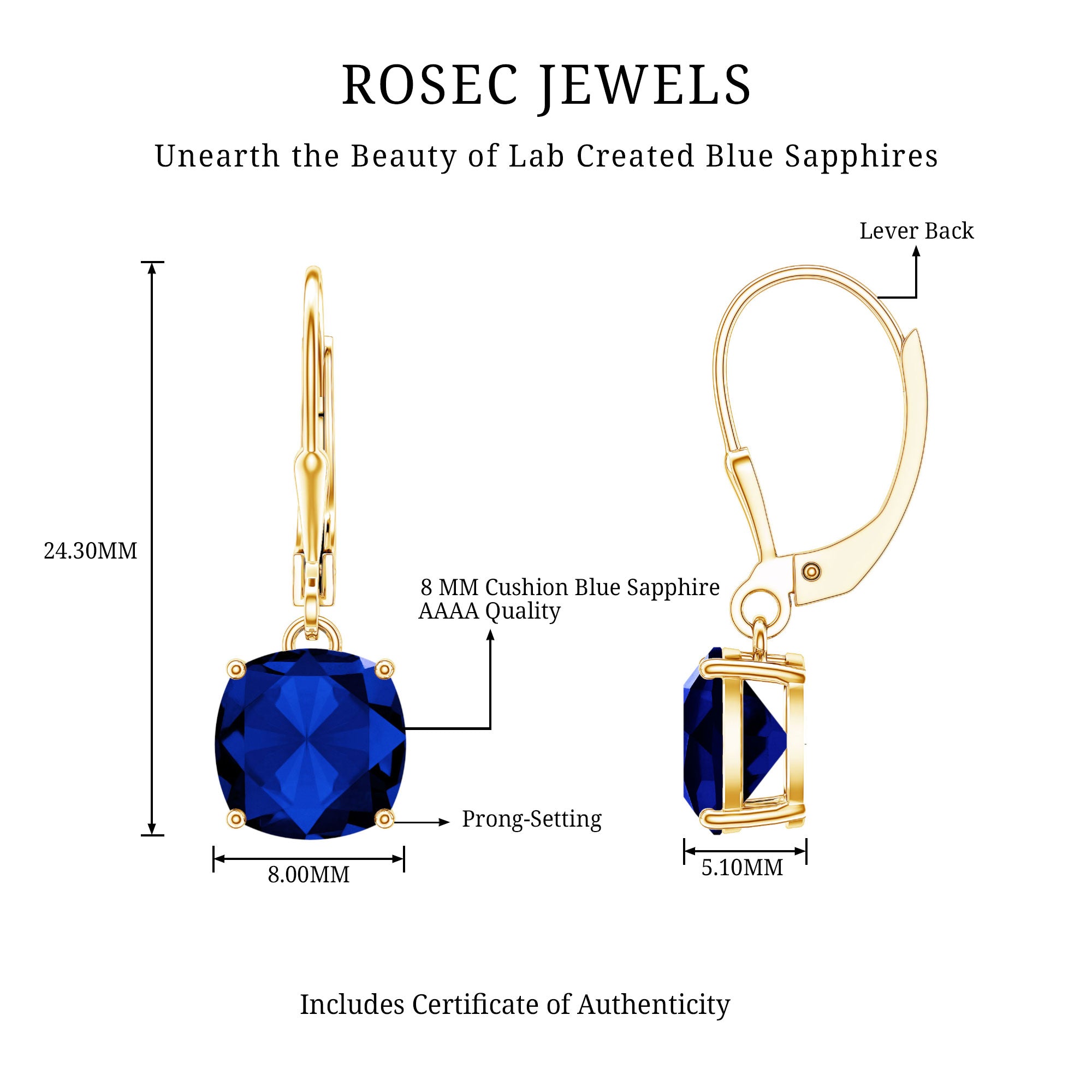 Cushion Cut Lab Grown Blue Sapphire Drop Hoop Earrings AAAA - Rosec Jewels
