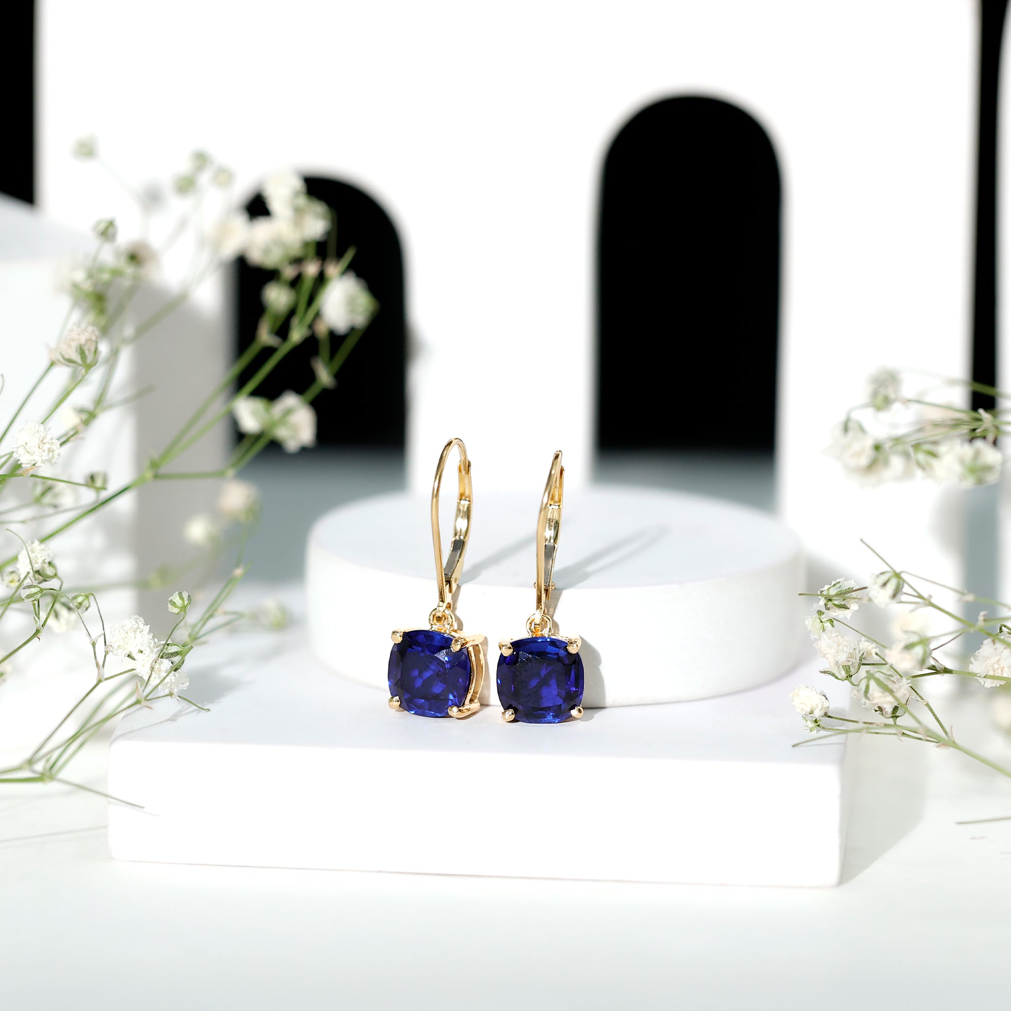Cushion Cut Lab Grown Blue Sapphire Drop Hoop Earrings AAAA - Rosec Jewels