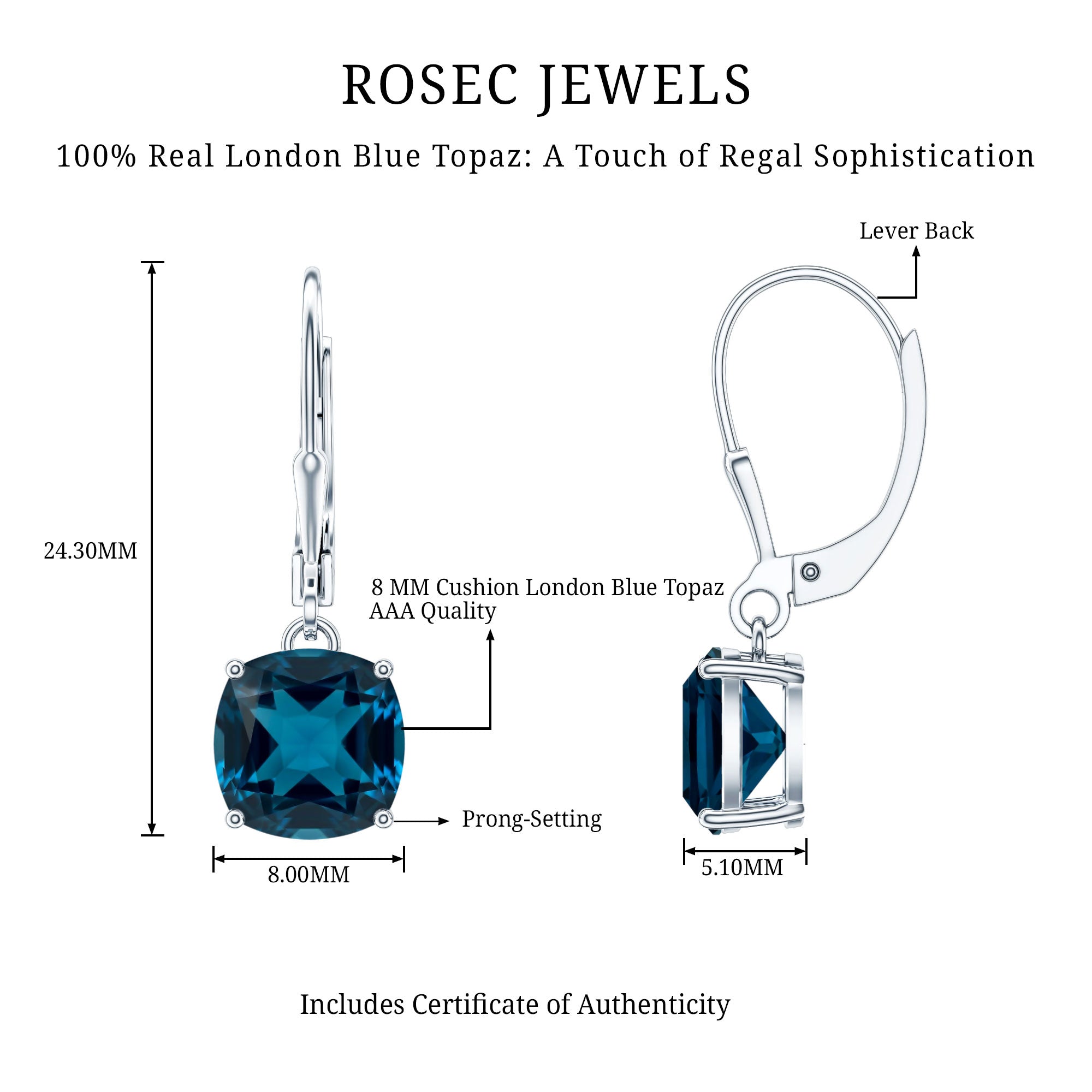 Cushion Cut London Blue Topaz Solitaire Drop Earrings AAA - Rosec Jewels