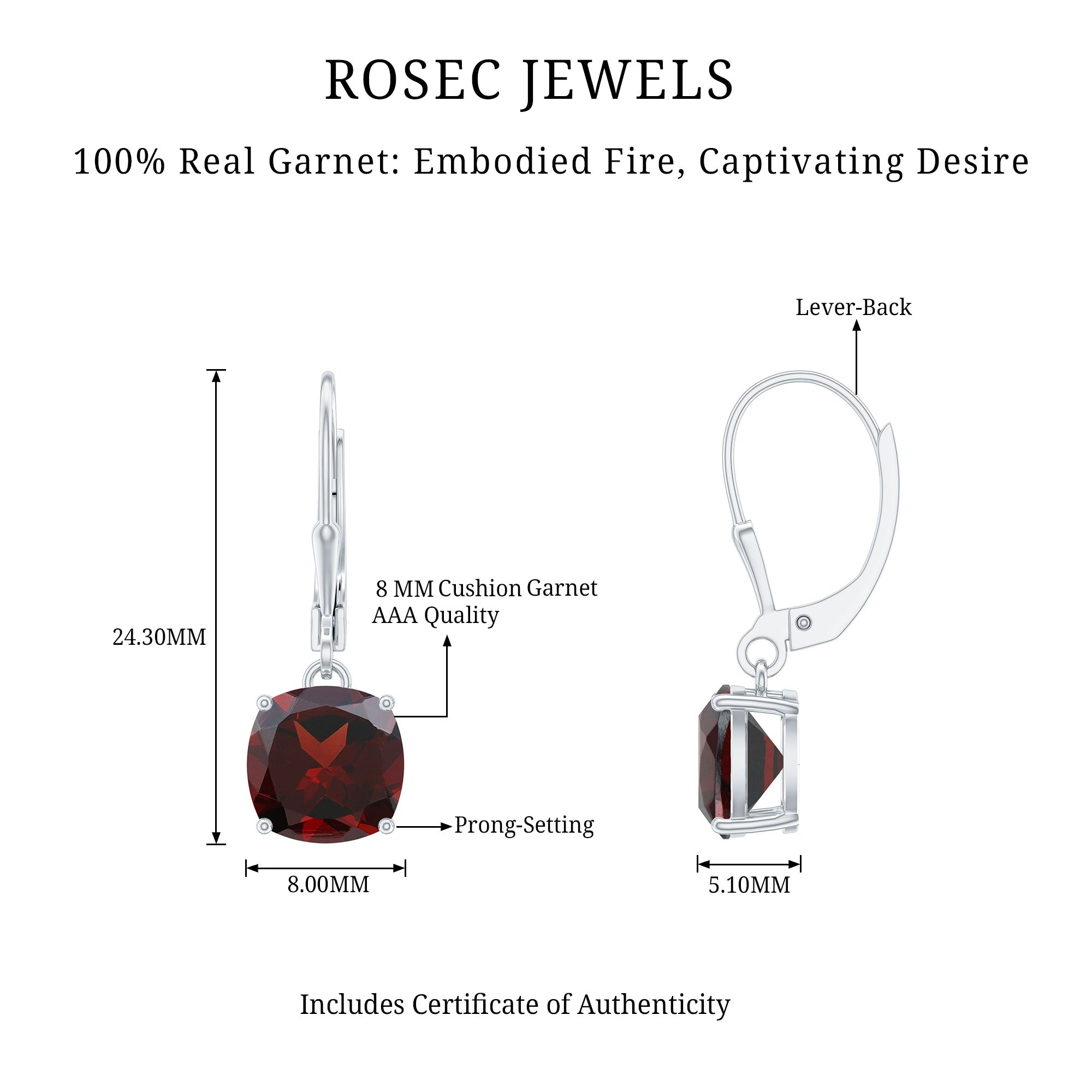 8 MM Cushion Cut Garnet Solitaire Drop Earrings with Lever Back AAA - Rosec Jewels
