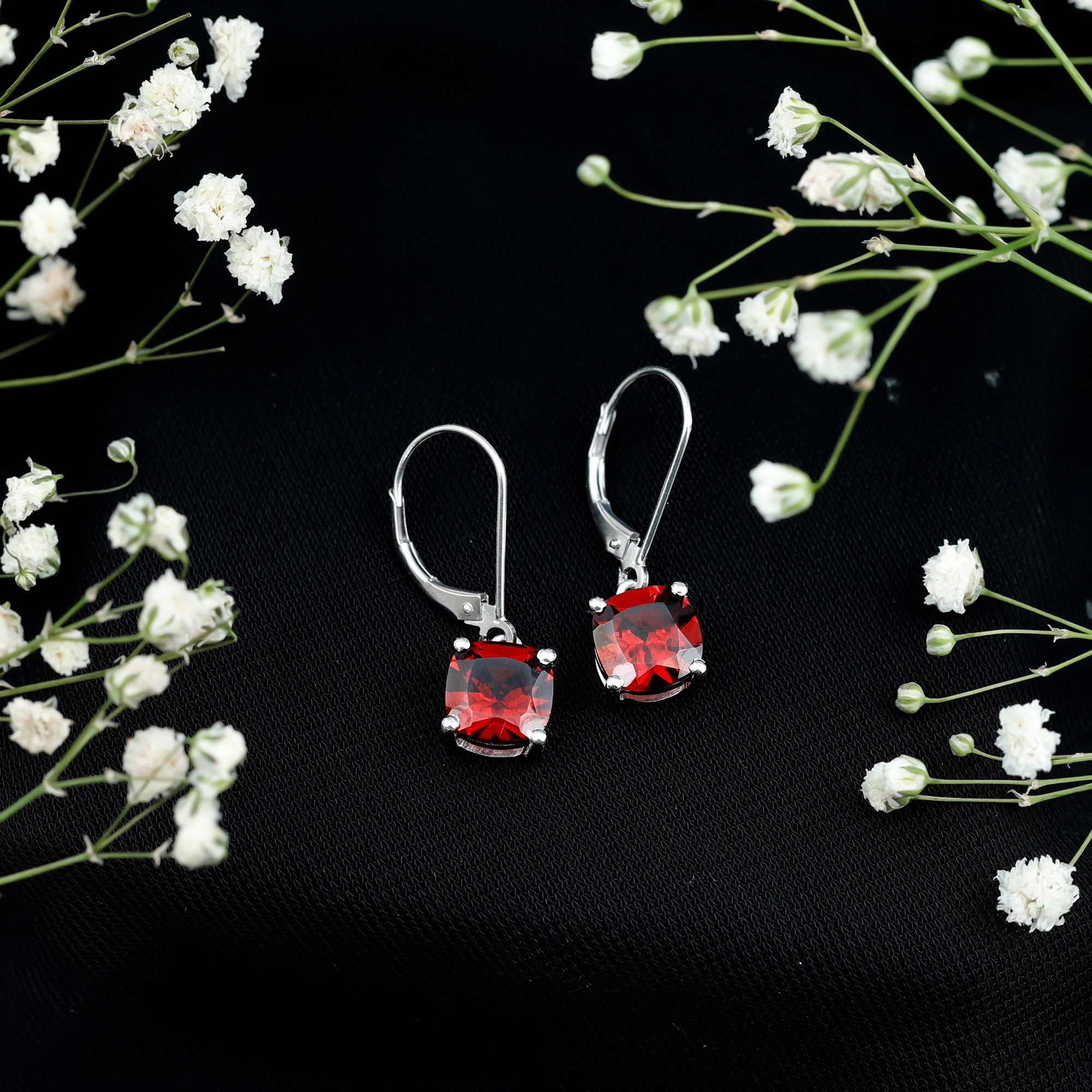 8 MM Cushion Cut Garnet Solitaire Drop Earrings with Lever Back AAA - Rosec Jewels