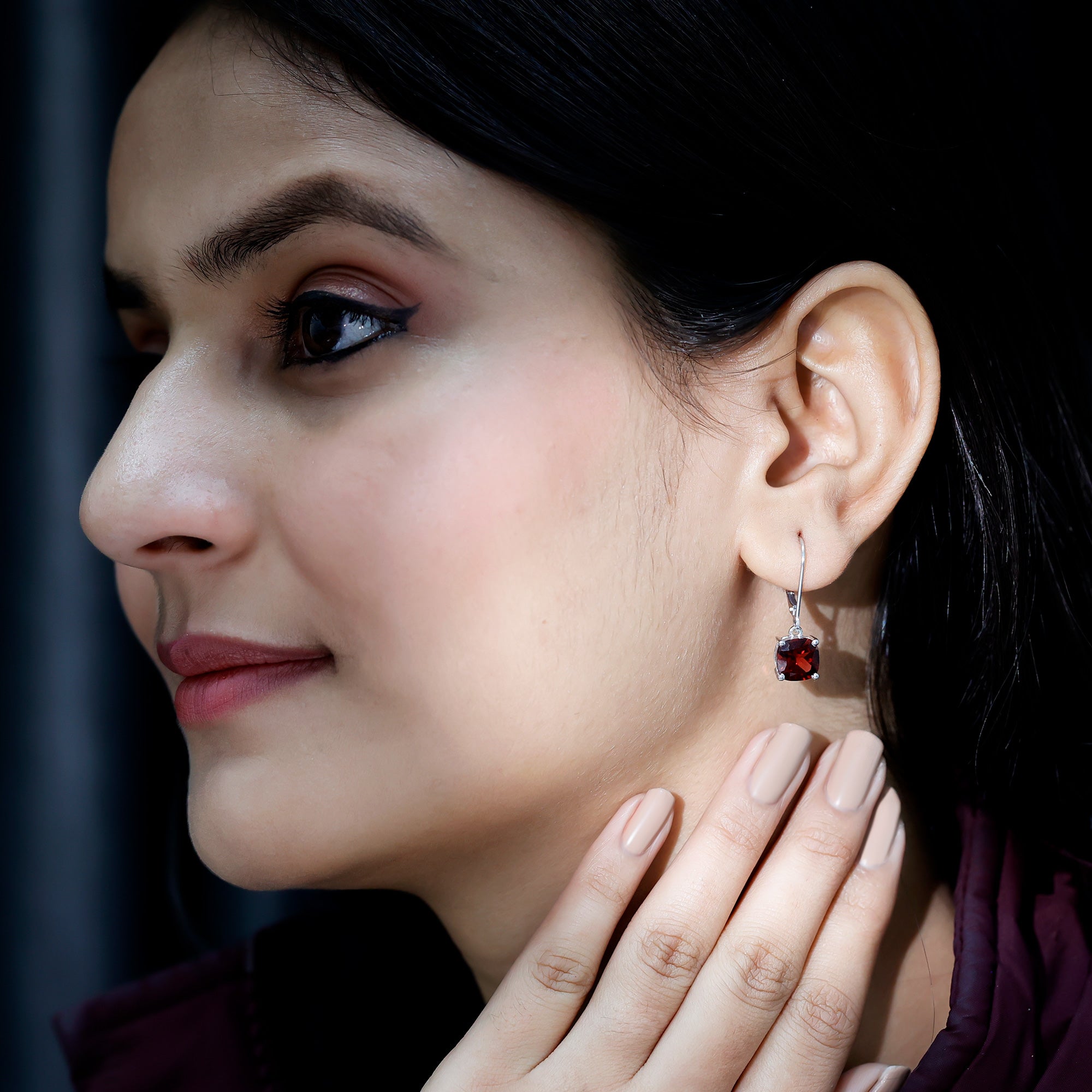 8 MM Cushion Cut Garnet Solitaire Drop Earrings with Lever Back AAA - Rosec Jewels