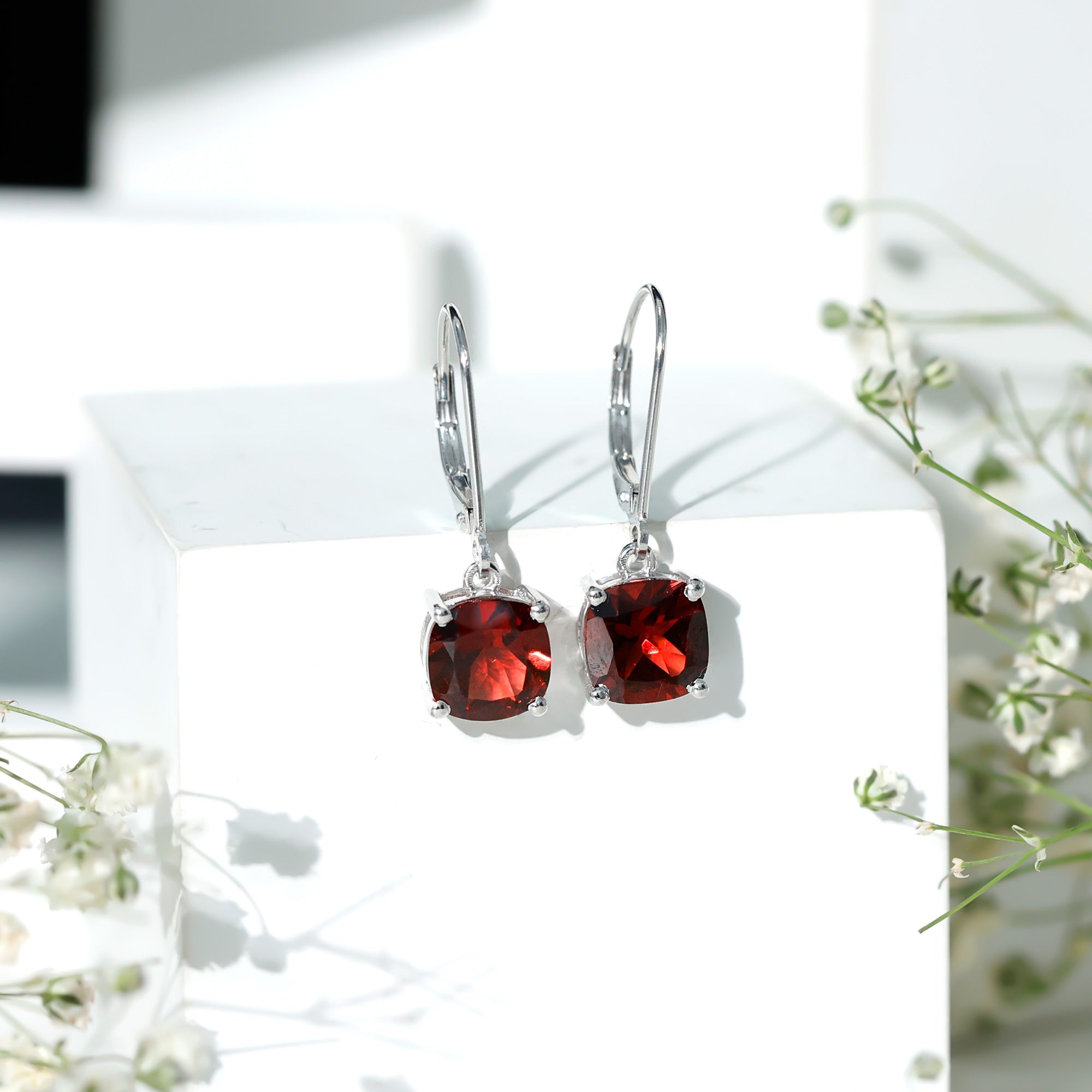 8 MM Cushion Cut Garnet Solitaire Drop Earrings with Lever Back AAA - Rosec Jewels