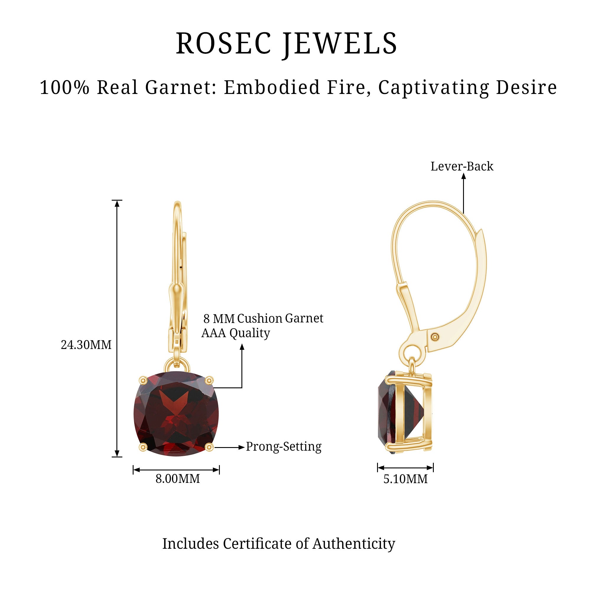 8 MM Cushion Cut Garnet Solitaire Drop Earrings with Lever Back AAA - Rosec Jewels