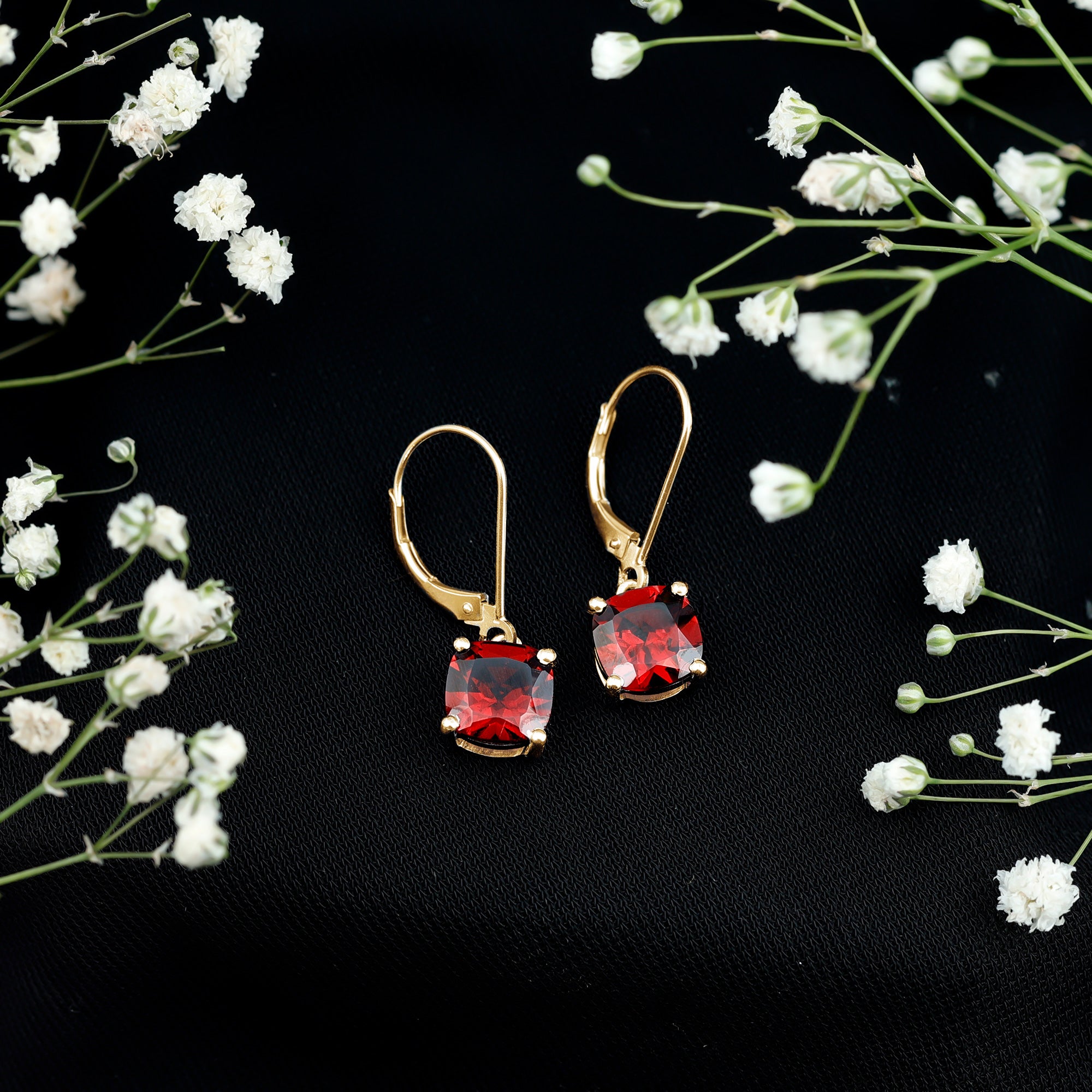 8 MM Cushion Cut Garnet Solitaire Drop Earrings with Lever Back AAA - Rosec Jewels