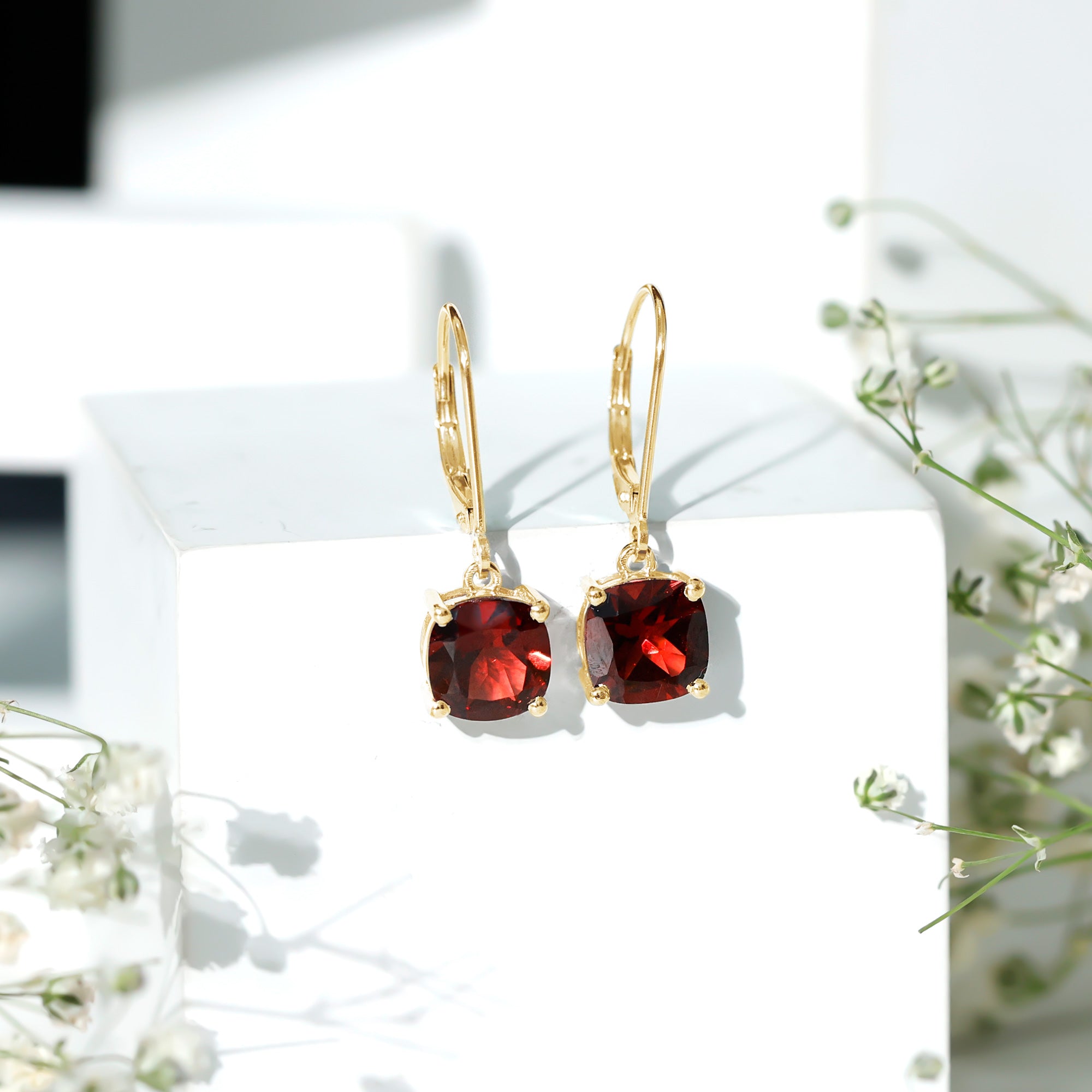 8 MM Cushion Cut Garnet Solitaire Drop Earrings with Lever Back AAA - Rosec Jewels