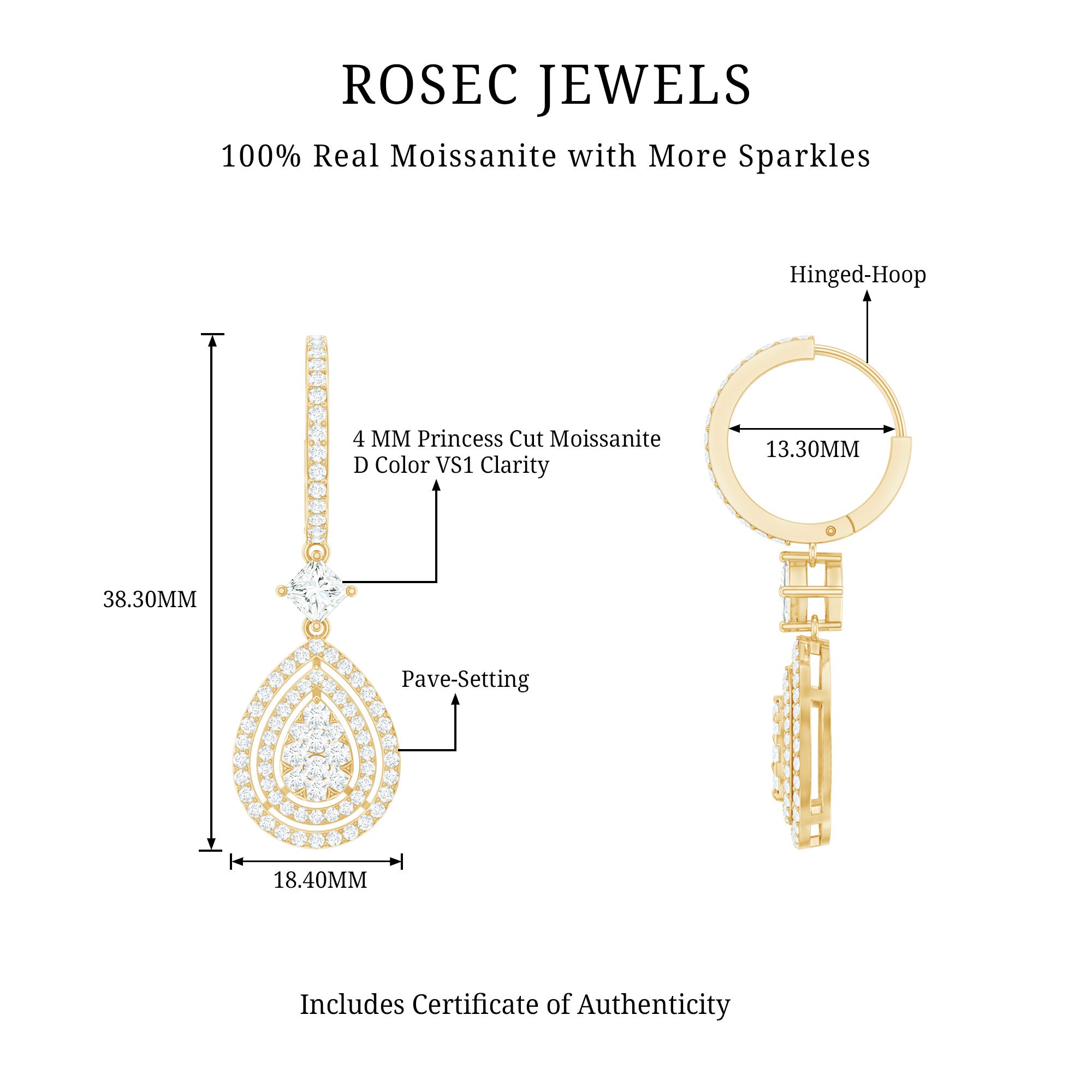 Certified Moissanite Teardrop Hoop Earrings for Women D-VS1 - Rosec Jewels