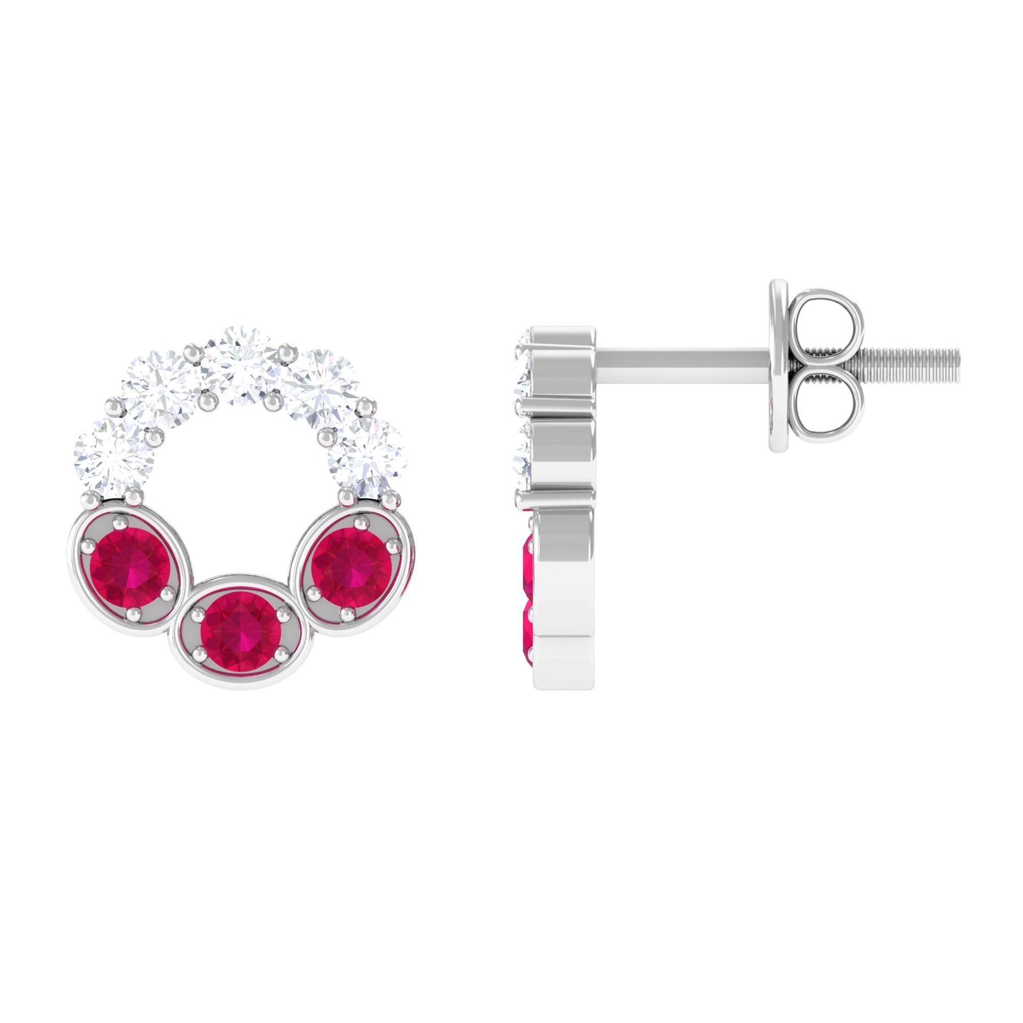 Three Stone Ruby Eternity Stud Earrings with Diamond