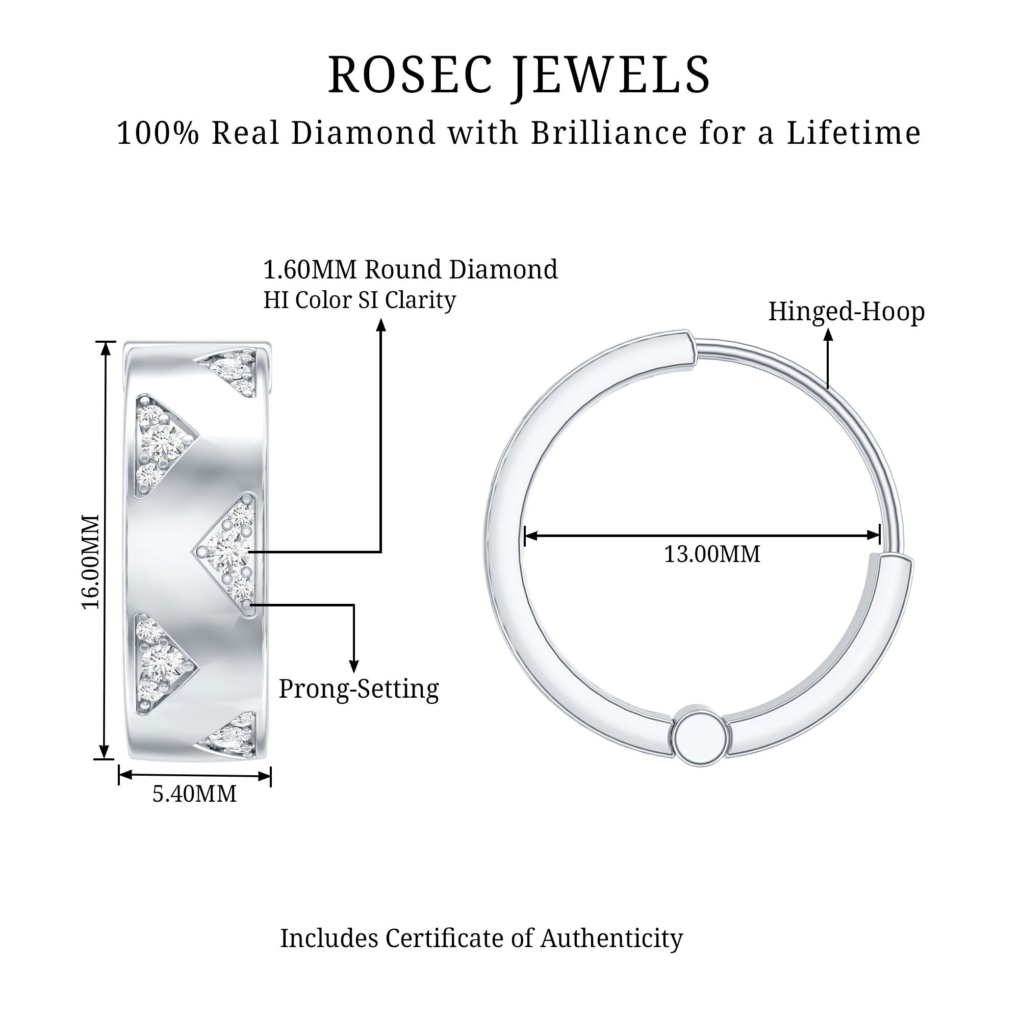 Certified Diamond Hoops For Women Natural - ( HI-SI ) - Rosec Jewels
