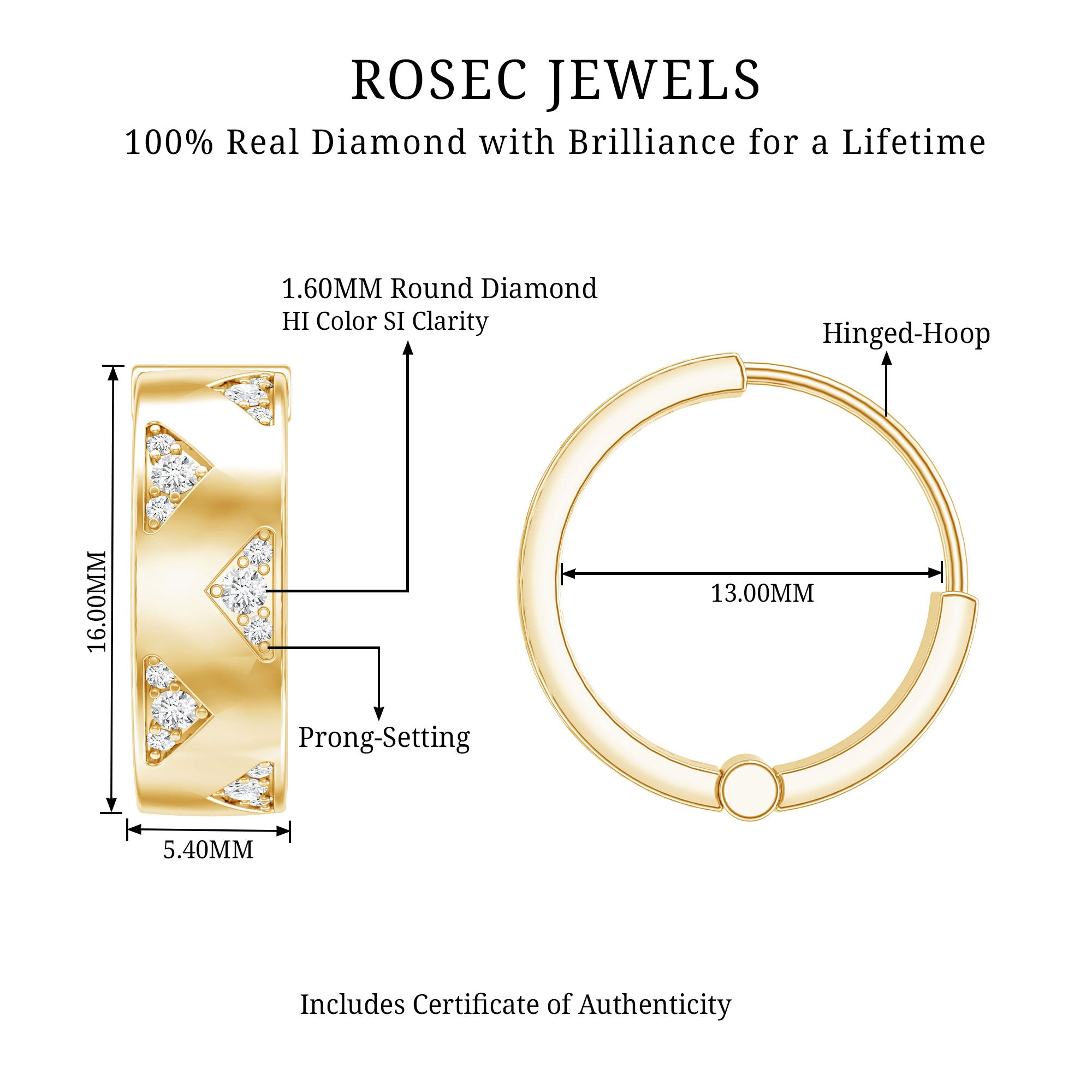 Certified Diamond Hoops For Women Natural - ( HI-SI ) - Rosec Jewels