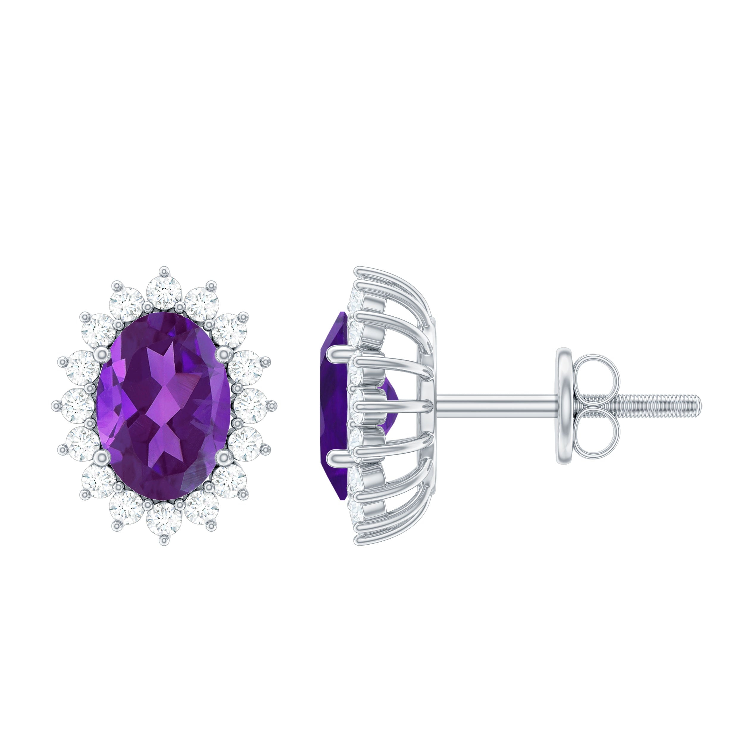 Classic Oval Amethyst Stud Earrings with Moissanite Halo