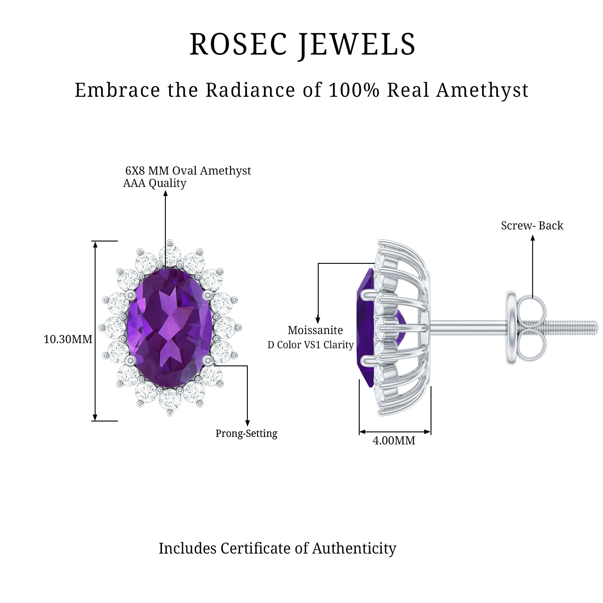 Classic Oval Amethyst Stud Earrings with Moissanite Halo AAA - Rosec Jewels