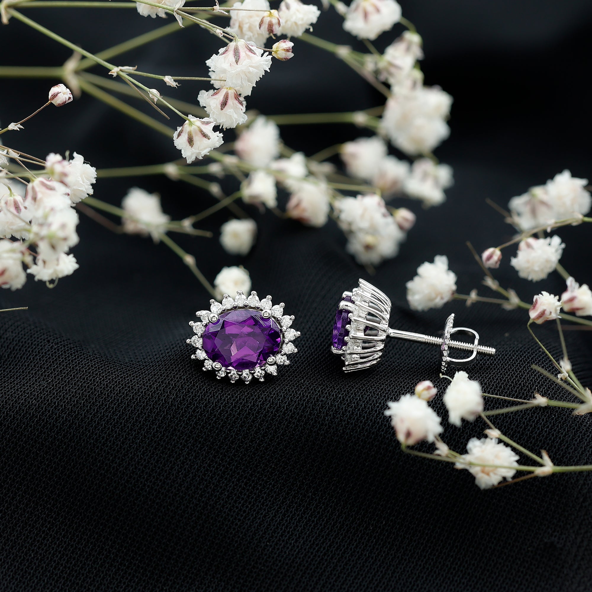 Classic Oval Amethyst Stud Earrings with Moissanite Halo AAA - Rosec Jewels