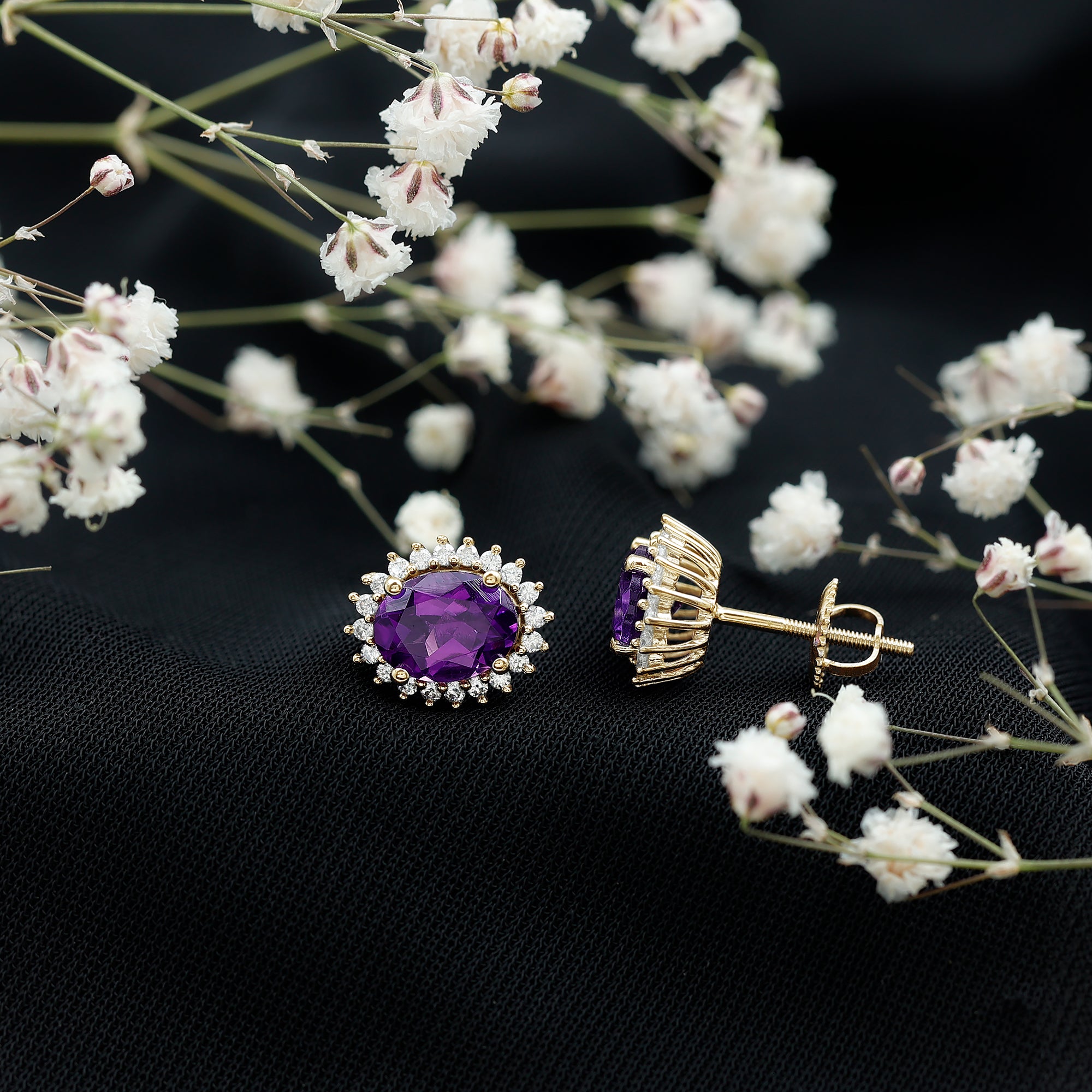 Classic Oval Amethyst Stud Earrings with Moissanite Halo AAA - Rosec Jewels