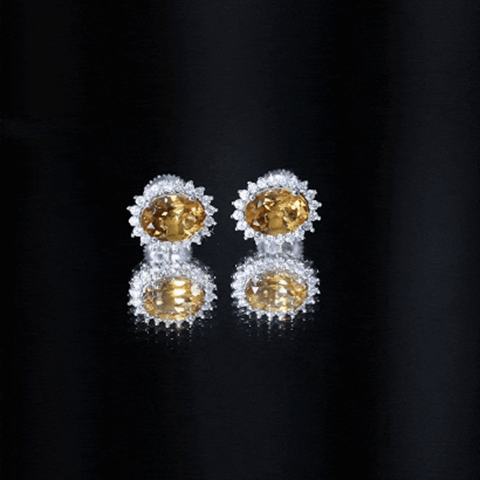 Natural 6X8mm Oval Citrine Stud Earrings with Halo AAA - Rosec Jewels