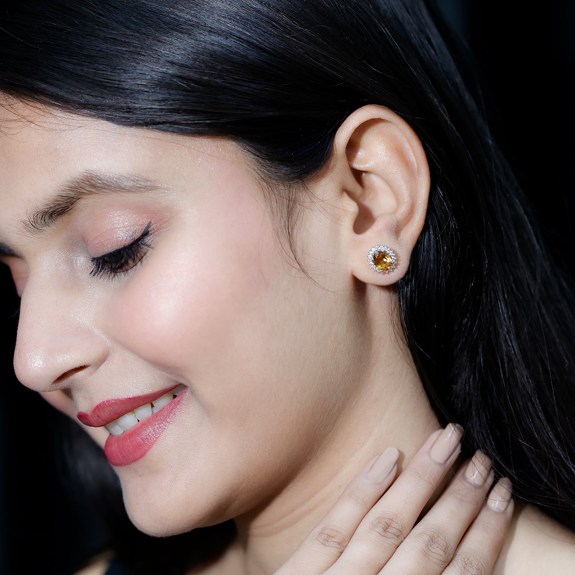 Natural 6X8mm Oval Citrine Stud Earrings with Halo AAA - Rosec Jewels