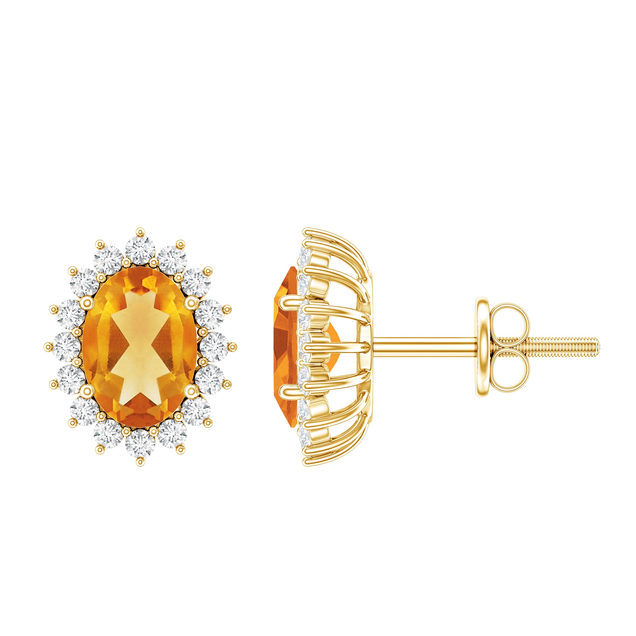 Natural 6X8mm Oval Citrine Stud Earrings with Halo AAA - Rosec Jewels