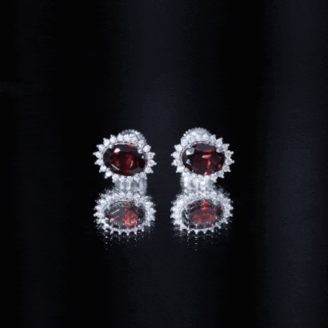 3 Carat Garnet Oval Stud Earrings with Moissanite Halo AAA - Rosec Jewels