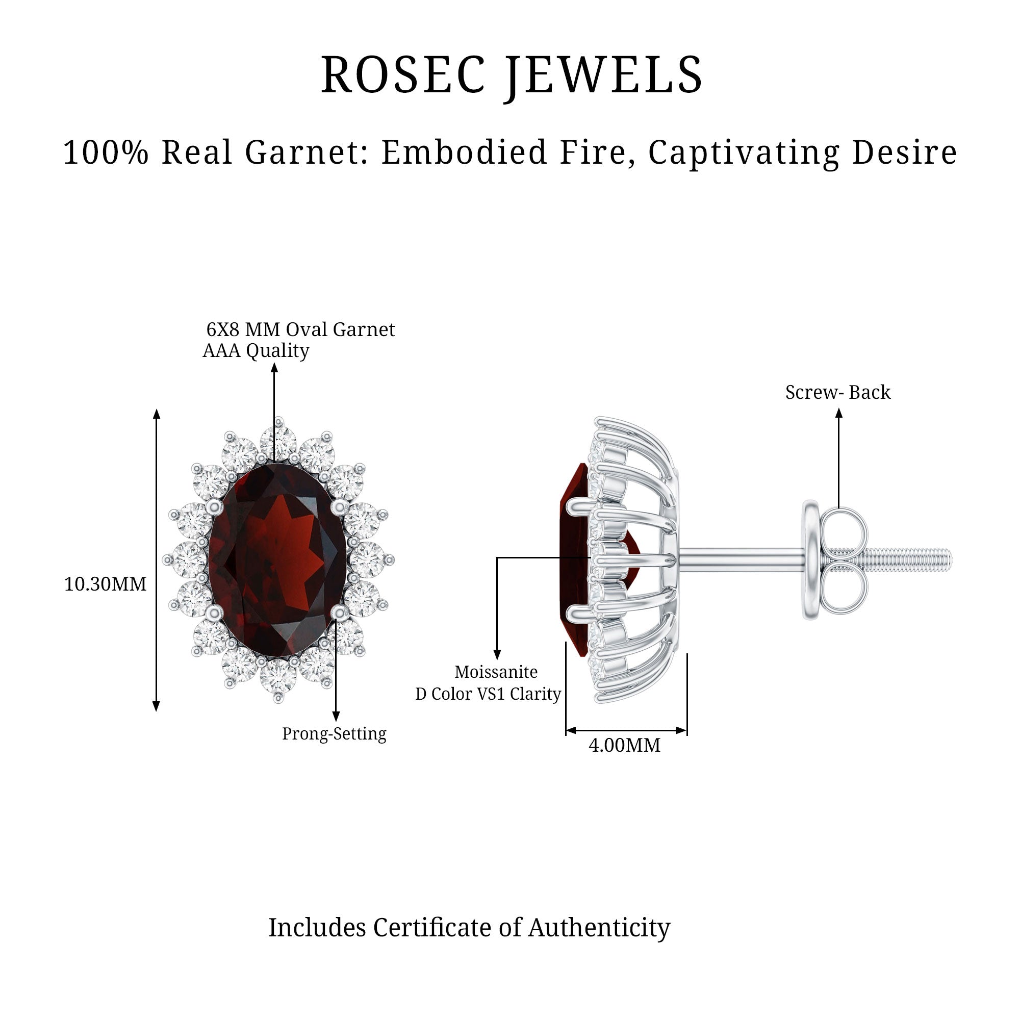 3 Carat Garnet Oval Stud Earrings with Moissanite Halo AAA - Rosec Jewels