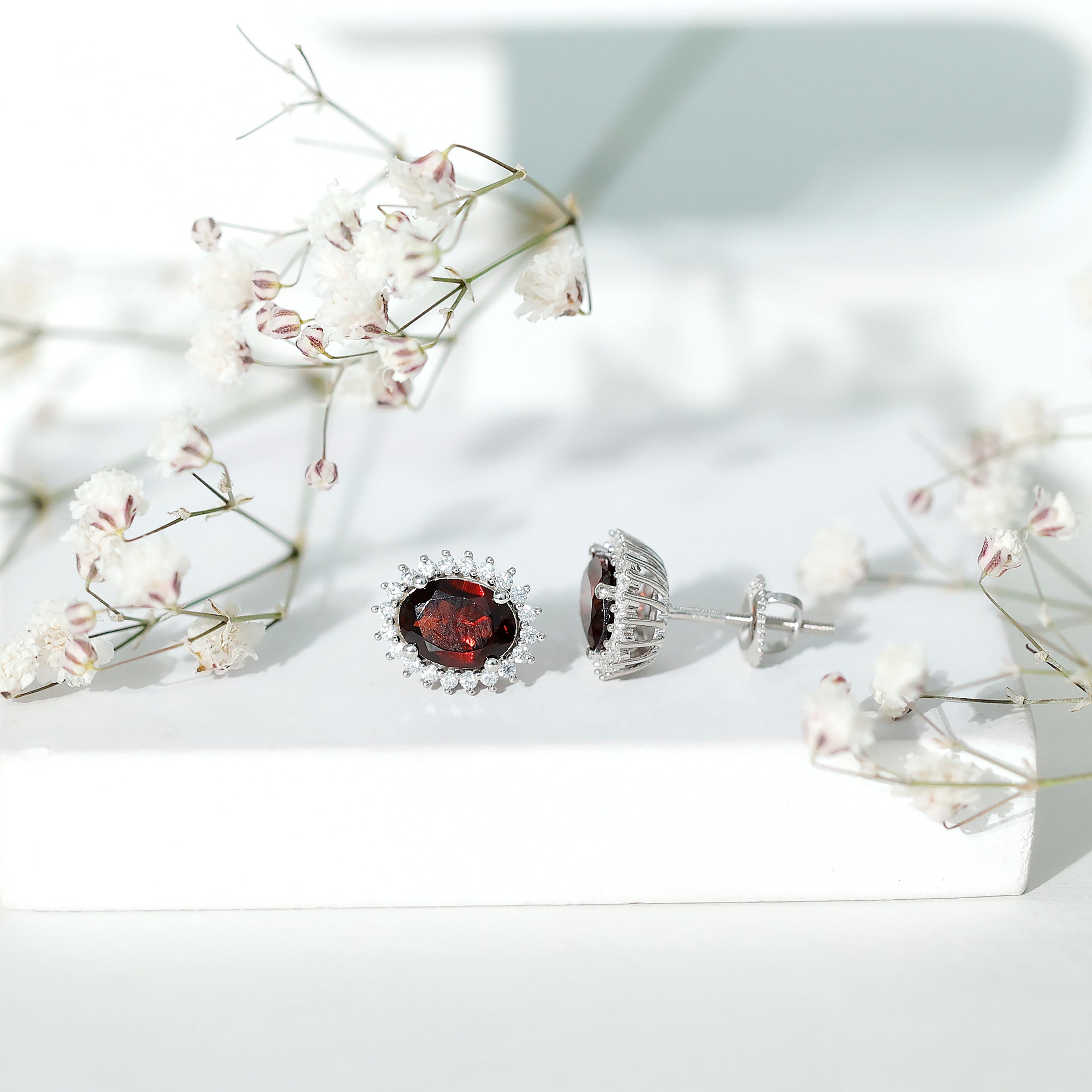 3 Carat Garnet Oval Stud Earrings with Moissanite Halo AAA - Rosec Jewels