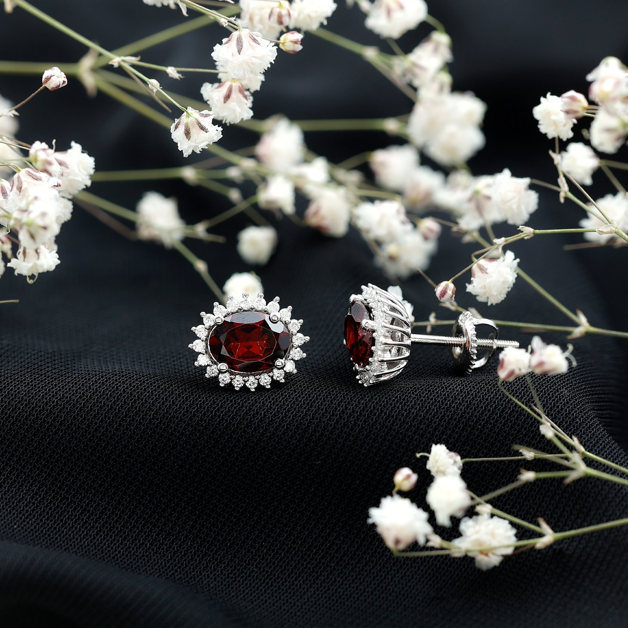 3 Carat Garnet Oval Stud Earrings with Moissanite Halo AAA - Rosec Jewels
