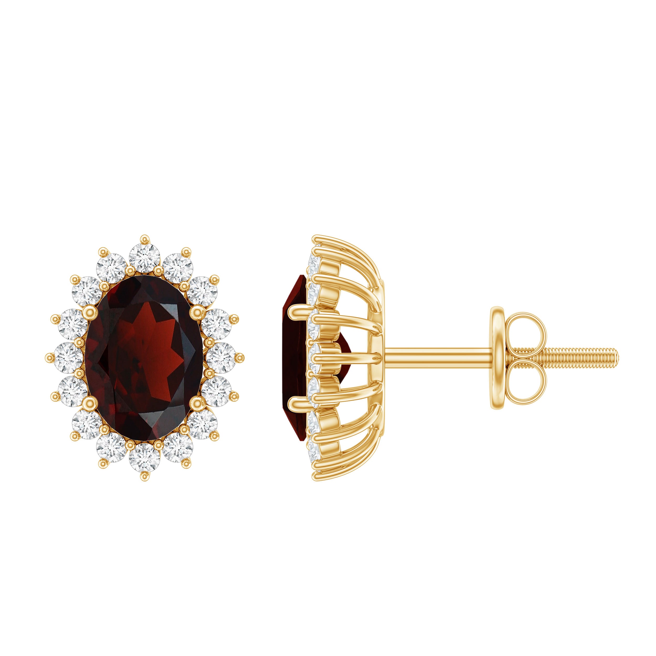 3 Carat Garnet Oval Stud Earrings with Moissanite Halo AAA - Rosec Jewels