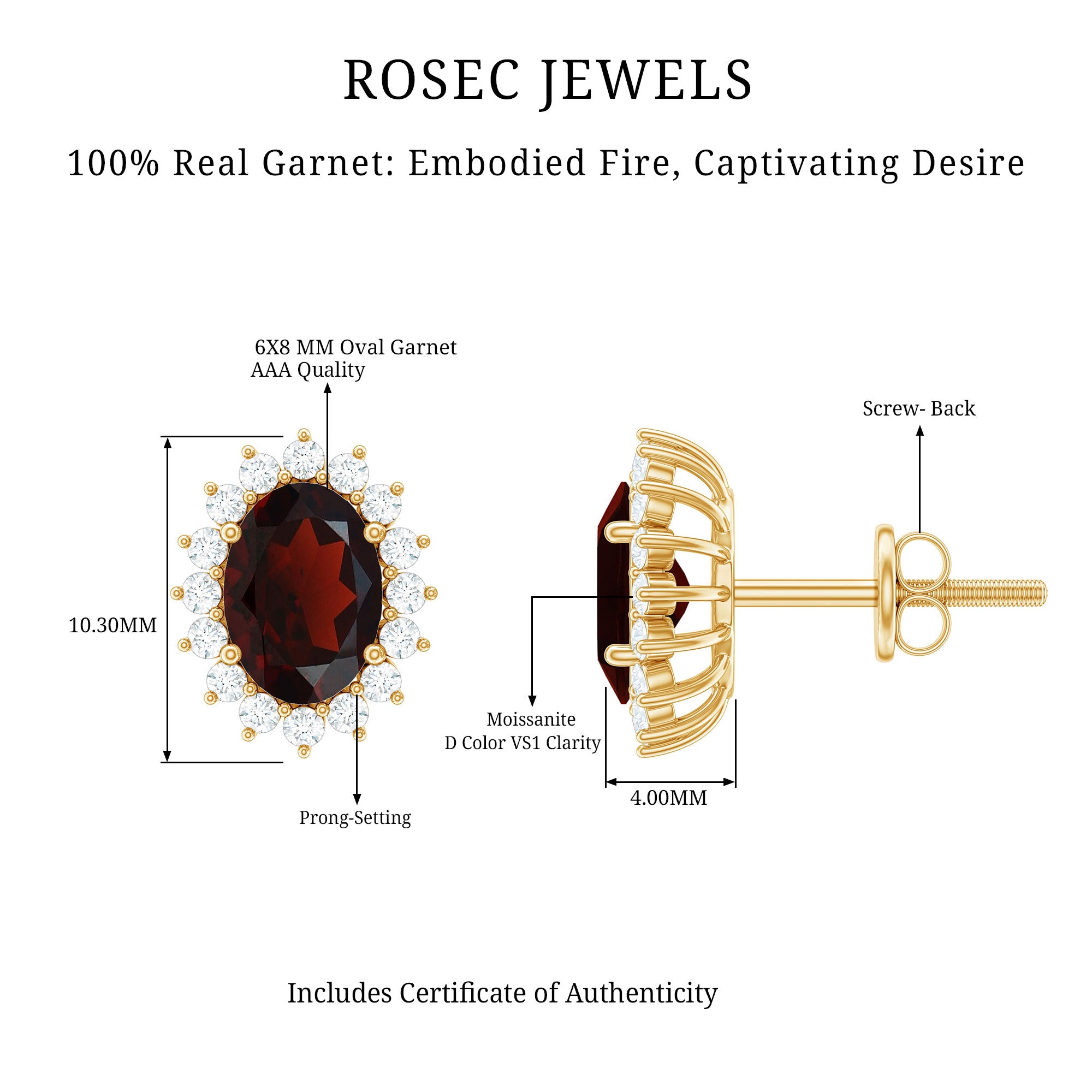 3 Carat Garnet Oval Stud Earrings with Moissanite Halo AAA - Rosec Jewels