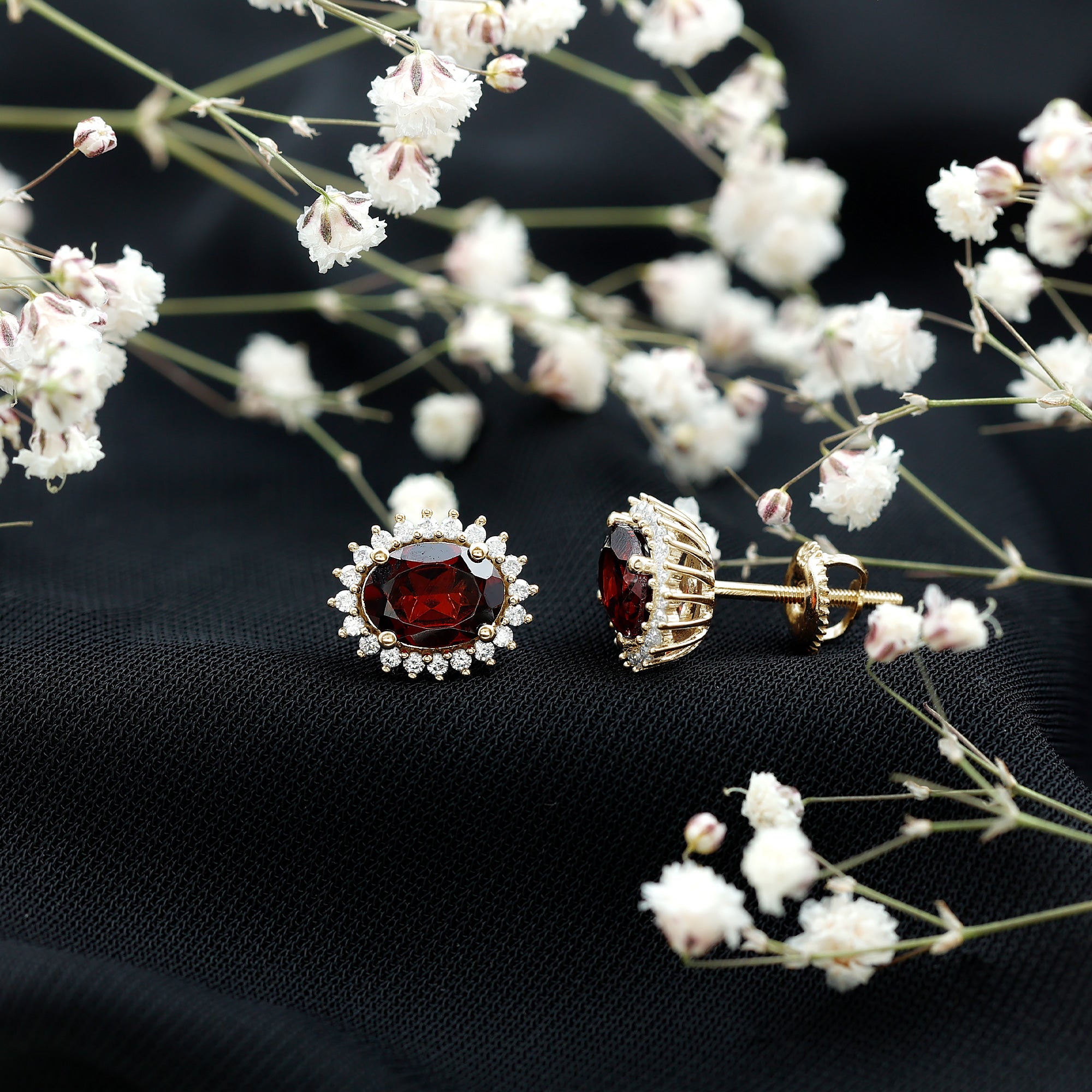 3 Carat Garnet Oval Stud Earrings with Moissanite Halo AAA - Rosec Jewels