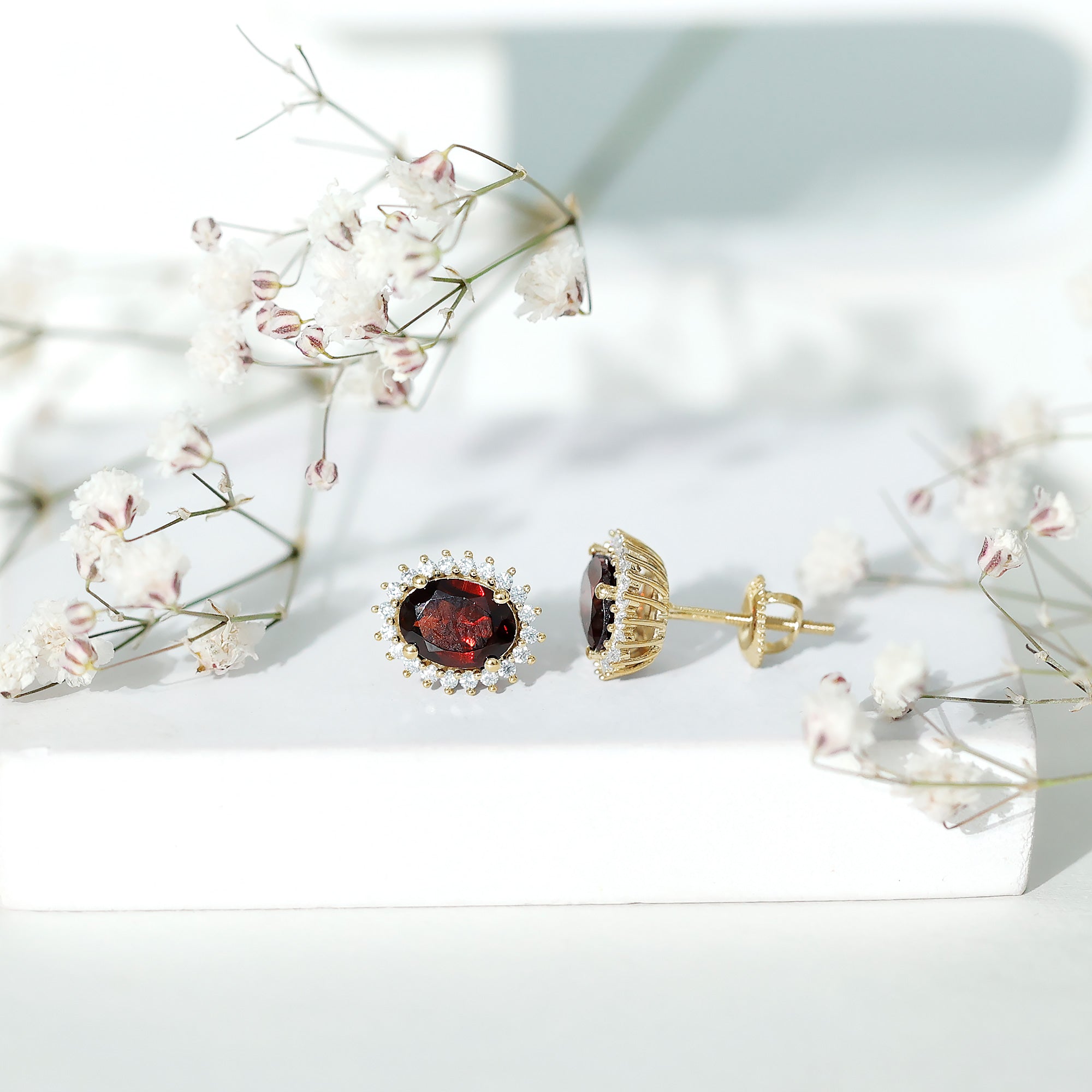 3 Carat Garnet Oval Stud Earrings with Moissanite Halo AAA - Rosec Jewels