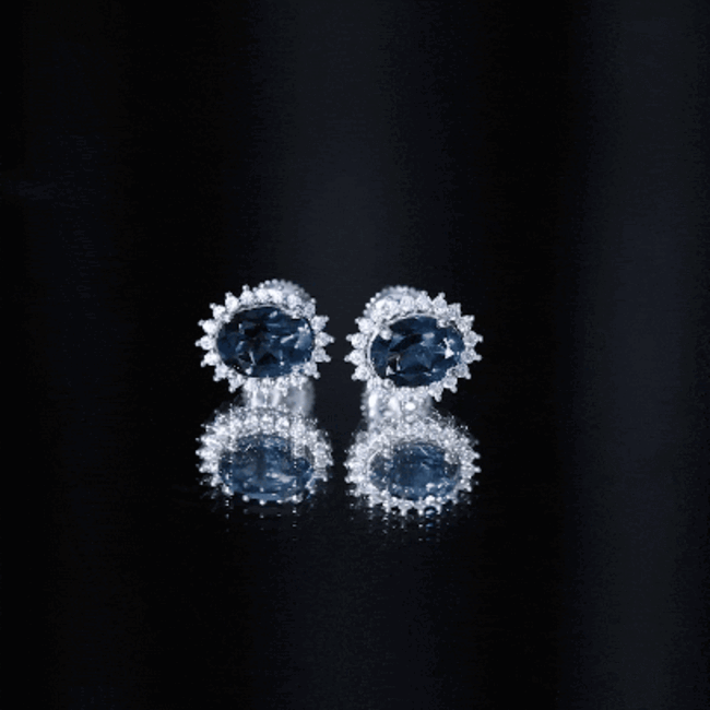 6X8MM Oval London Blue Topaz Stud Earrings with Moissanite Halo AAA - Rosec Jewels