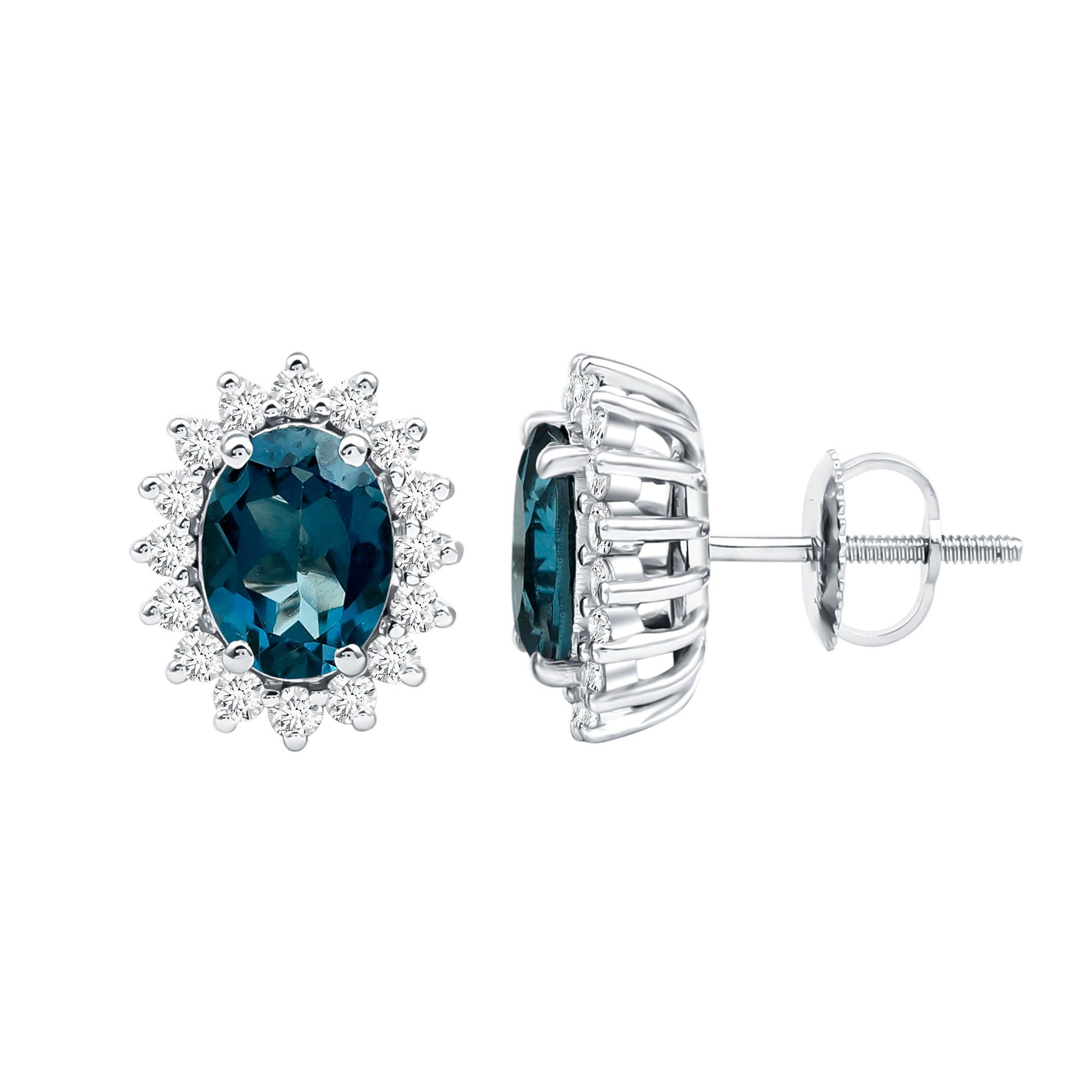 6X8MM Oval London Blue Topaz Stud Earrings with Moissanite Halo AAA - Rosec Jewels