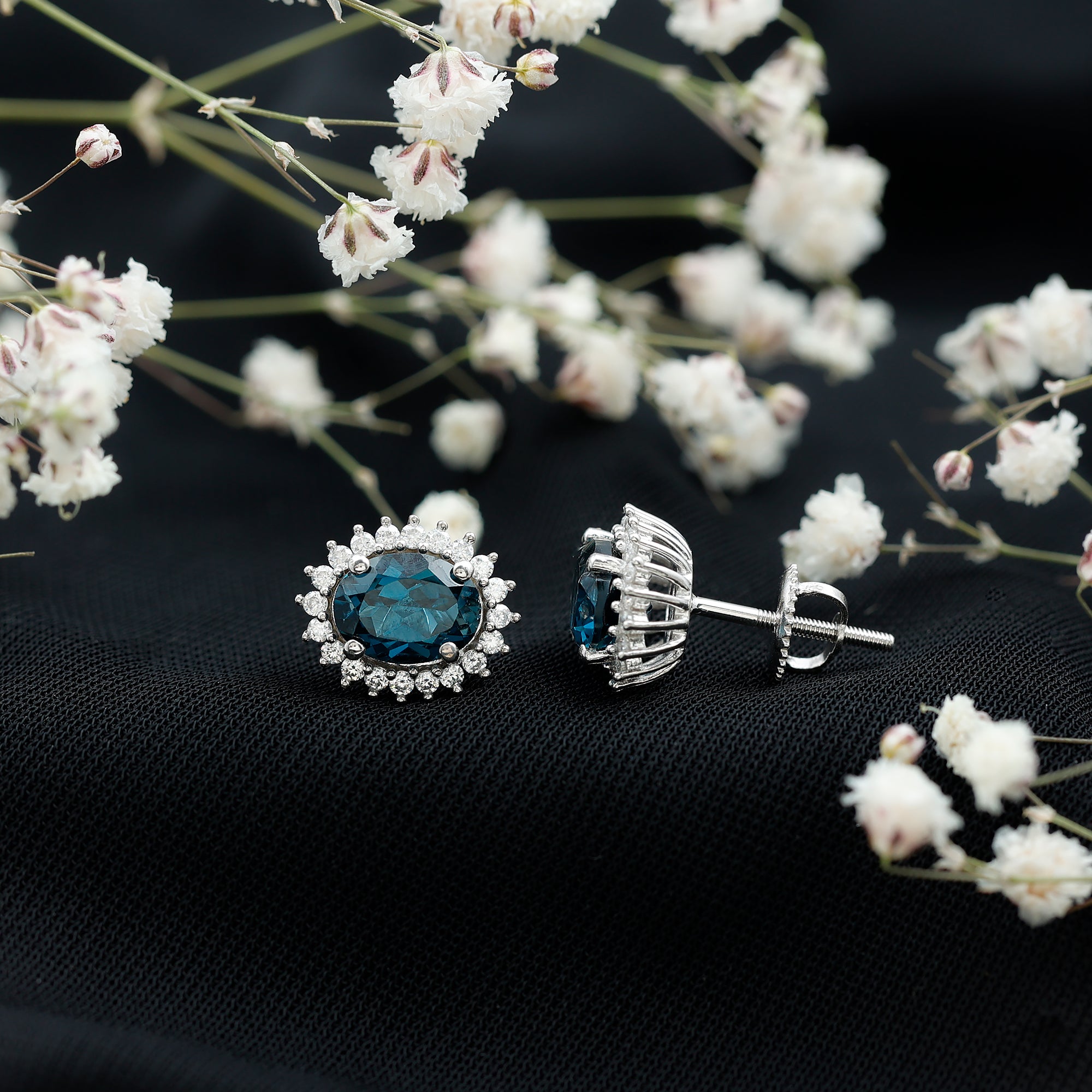 6X8MM Oval London Blue Topaz Stud Earrings with Moissanite Halo AAA - Rosec Jewels