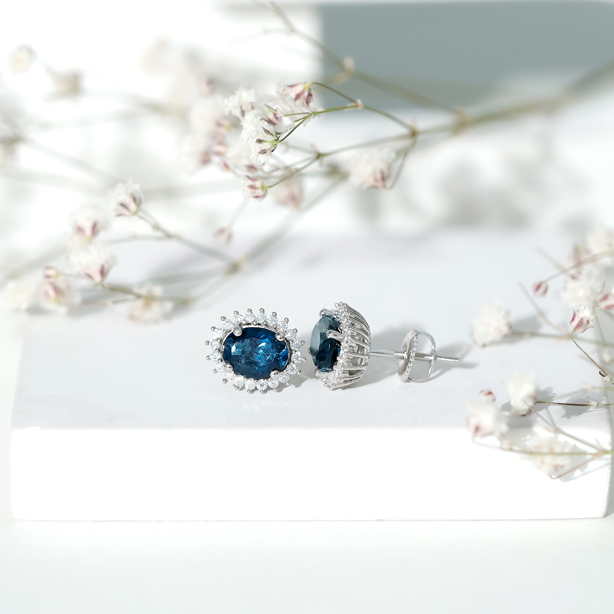 6X8MM Oval London Blue Topaz Stud Earrings with Moissanite Halo AAA - Rosec Jewels