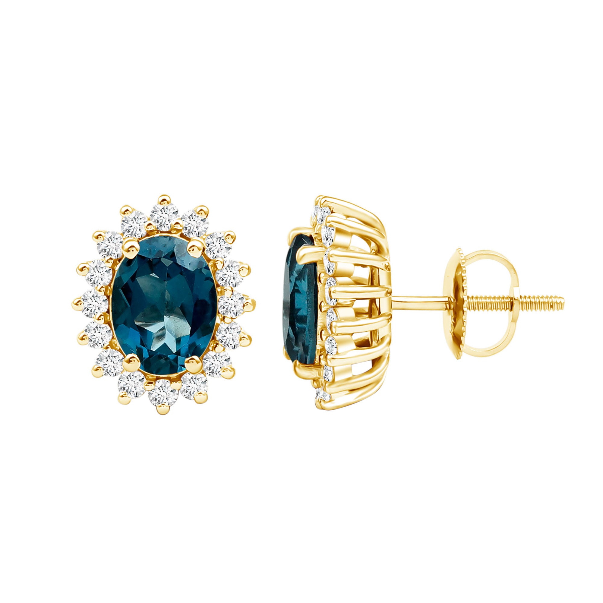 6X8MM Oval London Blue Topaz Stud Earrings with Moissanite Halo AAA - Rosec Jewels